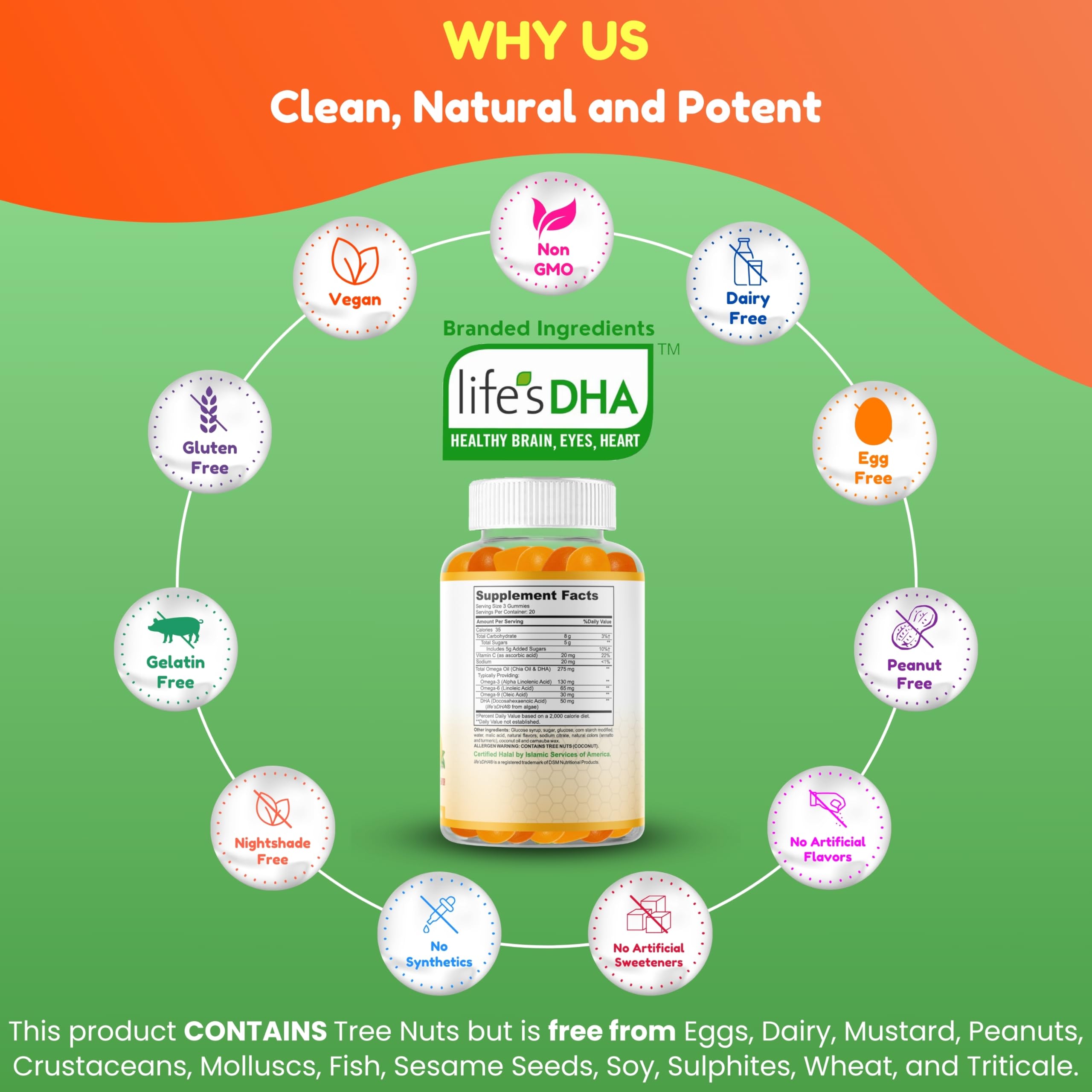 SHIFAA NUTRITION Vegan Omega 3 Gummies for Adults | No Fish Oil Burps | 60 Gummies | Plant Based w/Chia Oil, Algae | Omega 3 6 9 w/DHA, Vitamin C | for Brain, Cardiovascular & Immune Support Halal