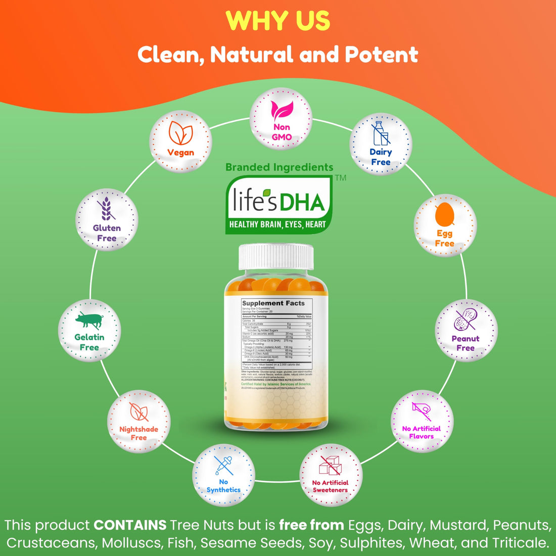 SHIFAA NUTRITION Vegan Omega 3 Gummies for Adults | No Fish Oil Burps | 60 Gummies | Plant Based w/Chia Oil, Algae | Omega 3 6 9 w/DHA, Vitamin C | for Brain, Cardiovascular & Immune Support Halal