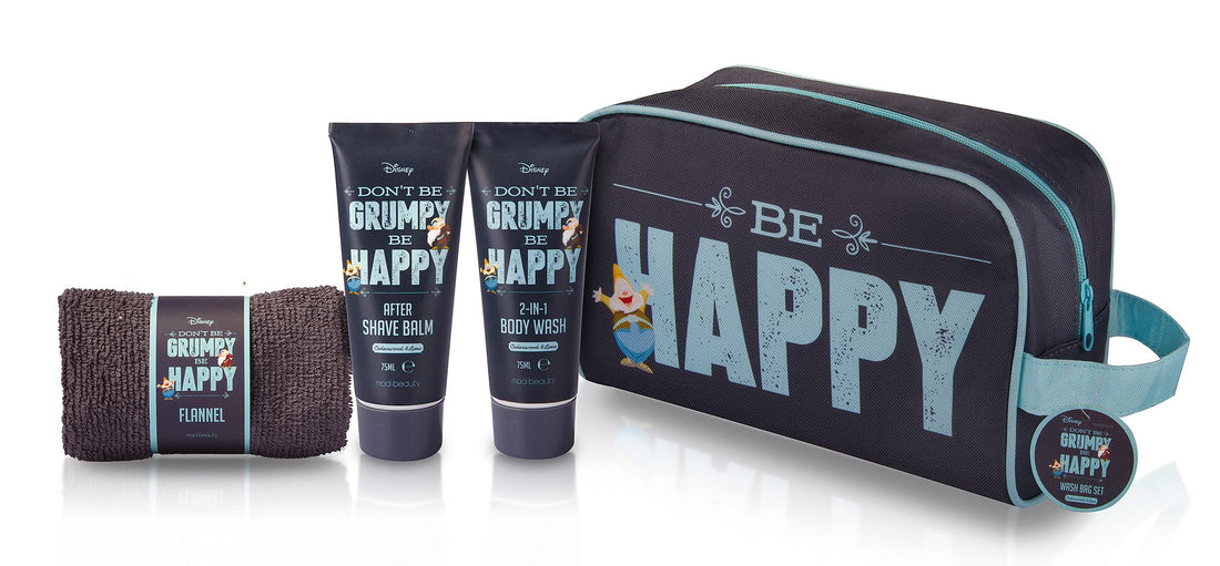 MENS GENTS BE HAPPY DONT BE GRUMPY WASH BAG SET AFTER SHAVE BALM & 2 IN 1 BODY WASH CHRISTMAS GIFT HIM