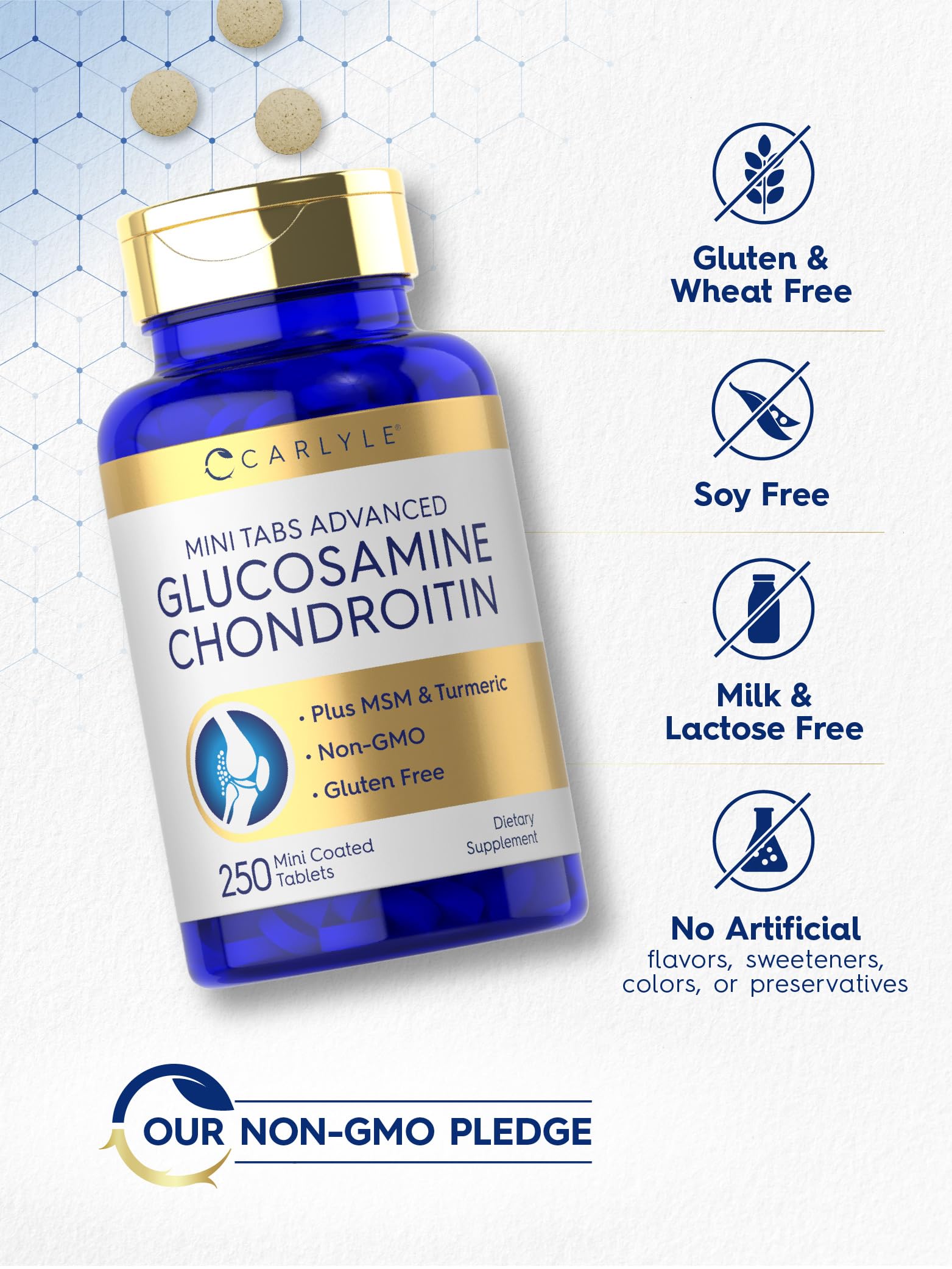Carlyle Glucosamine Chondroitin MSM Turmeric | 250 Mini Tablets | Non-GMO and Gluten Free
