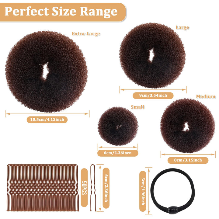 MAGDIY 65 Pcs Hair Accessories Set with 10 Pcs Hair Bun Maker (1 Extra-Large, 2 Large, 3 Medium, 4 Small), 50 Pcs U-Shaped Pins and 5 Pcs Hair Ties, Ballet Donut Bun Maker for Long Hair (Brown)