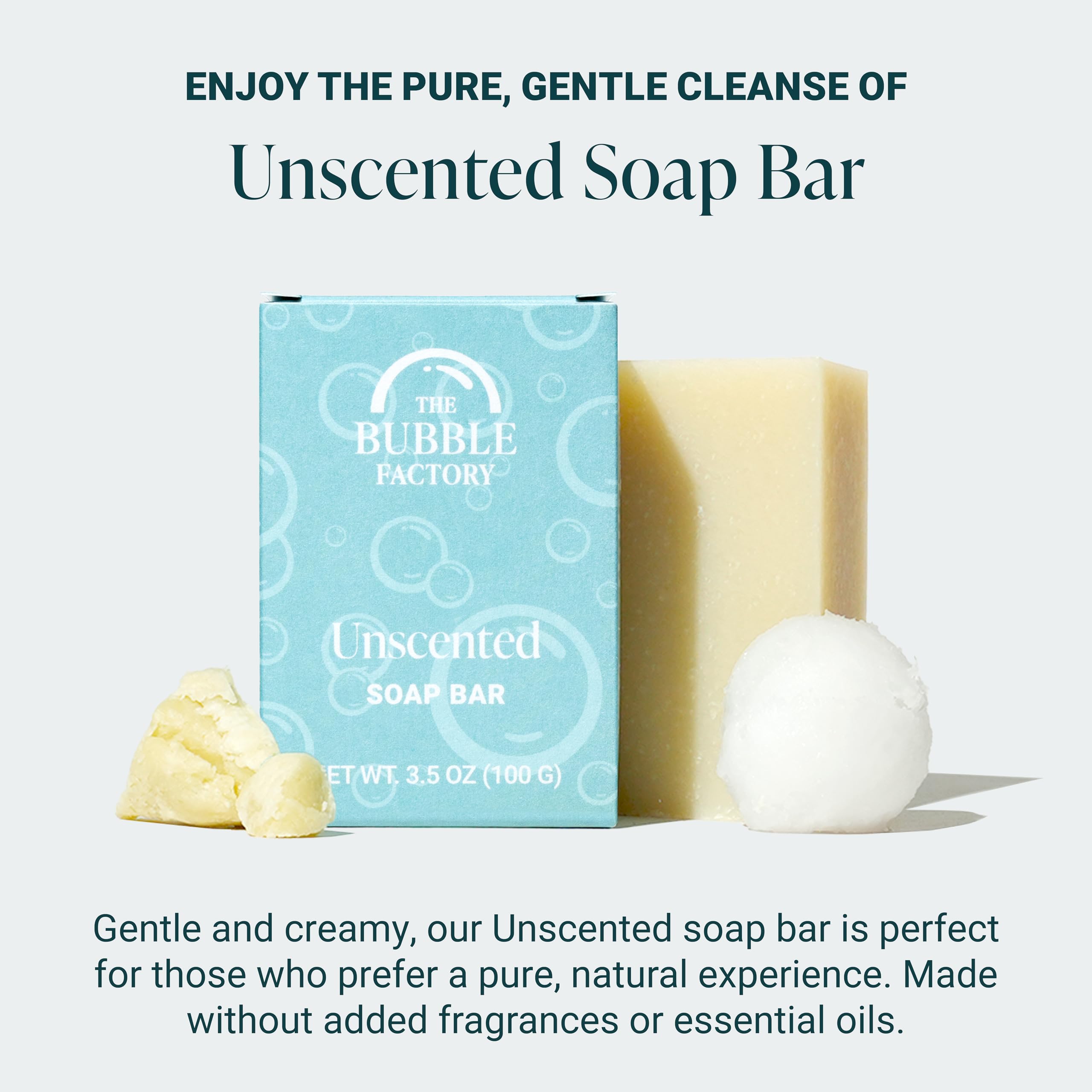 The Bubble Factory Handmade Natural Bath & Body Soap Bar, Vegan, All-Natural, Palm Oil Free, Made in USA with Shea Butter + Essential Oils, Unscented, 3 Bars