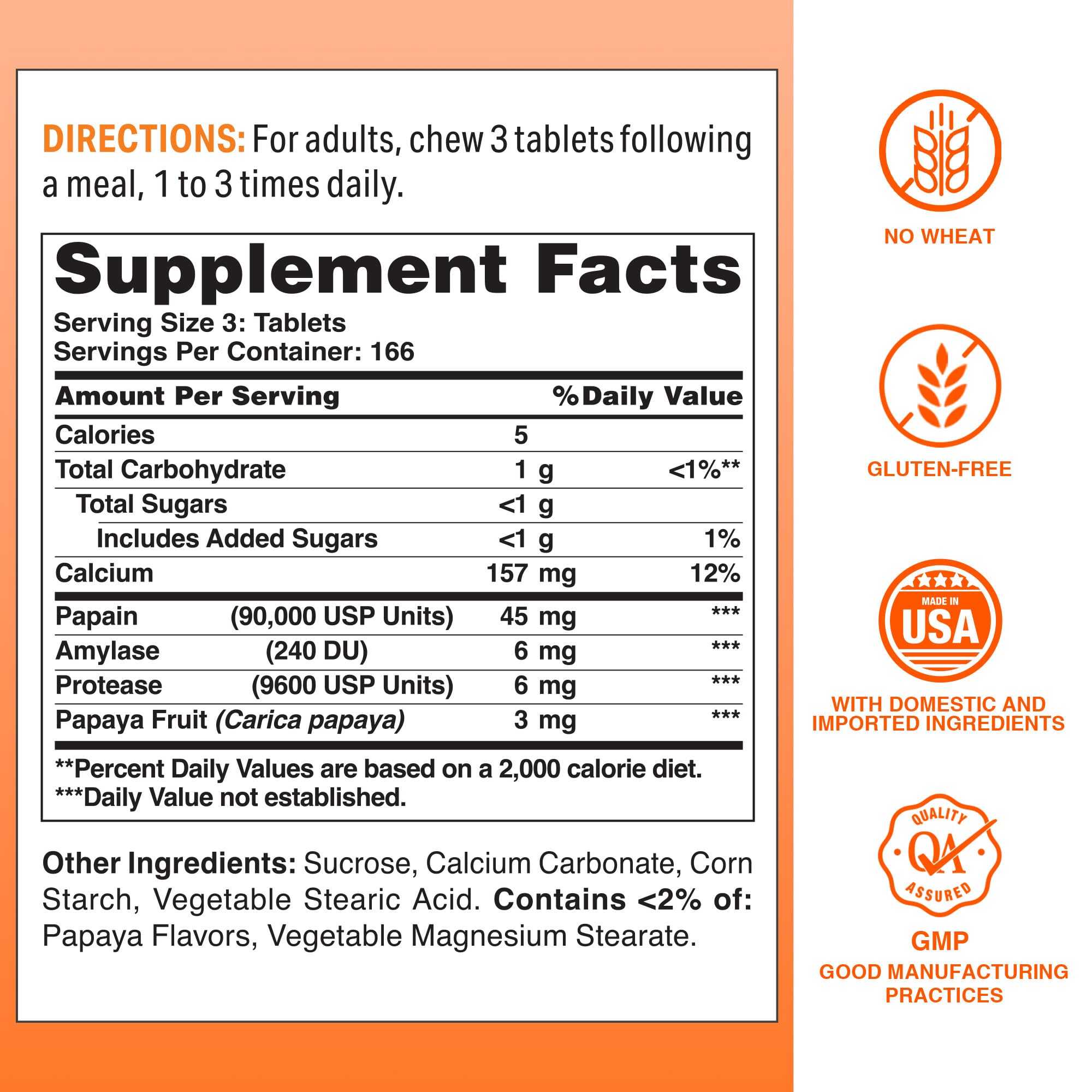 Vitamin World Papaya Enzymes Chewable Tablets - Papain, Amylase & Protease for Digestion & Nutrient Absorption, Papaya Flavor, Gluten Free, 500 Count