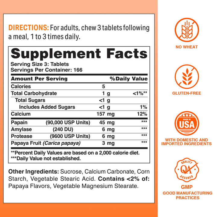 Vitamin World Papaya Enzymes Chewable Tablets - Papain, Amylase & Protease for Digestion & Nutrient Absorption, Papaya Flavor, Gluten Free, 500 Count