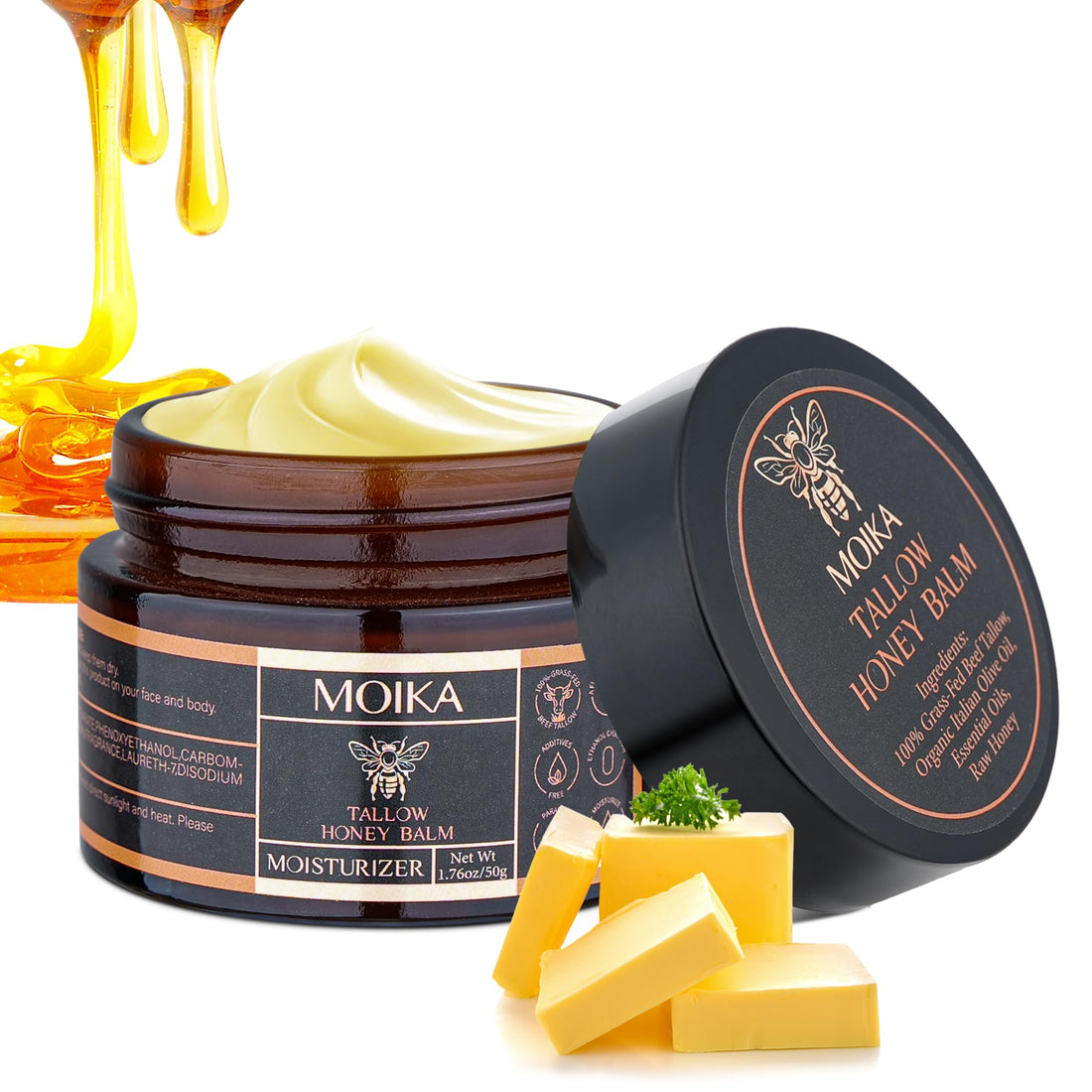 VRAIKO MOIKA Tallow and Honey Balm, Grass-Fed Beef Tallow Raw Honey Moisturizing Cream for Face and Body, Handmade Natural Moisturizer for Soft Smooth Skin, 50g/2 oz