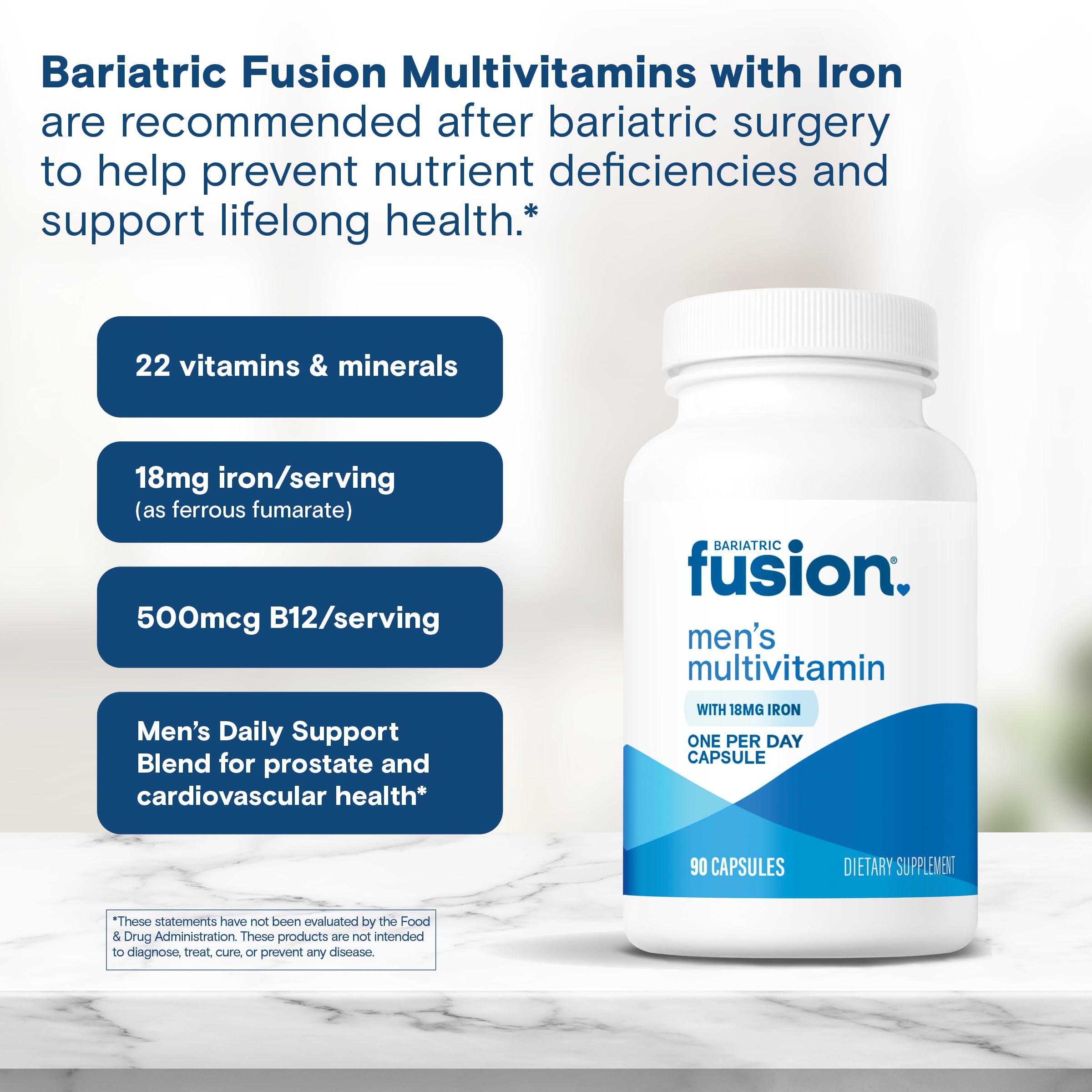 Bariatric Fusion One Per Day Bariatric Multivitamin with Iron for Men | with Prostate and Heart Support Vitamins* | Gastric Bypass and Sleeve Gastrectomy | 90 Capsules | 3 Month Supply