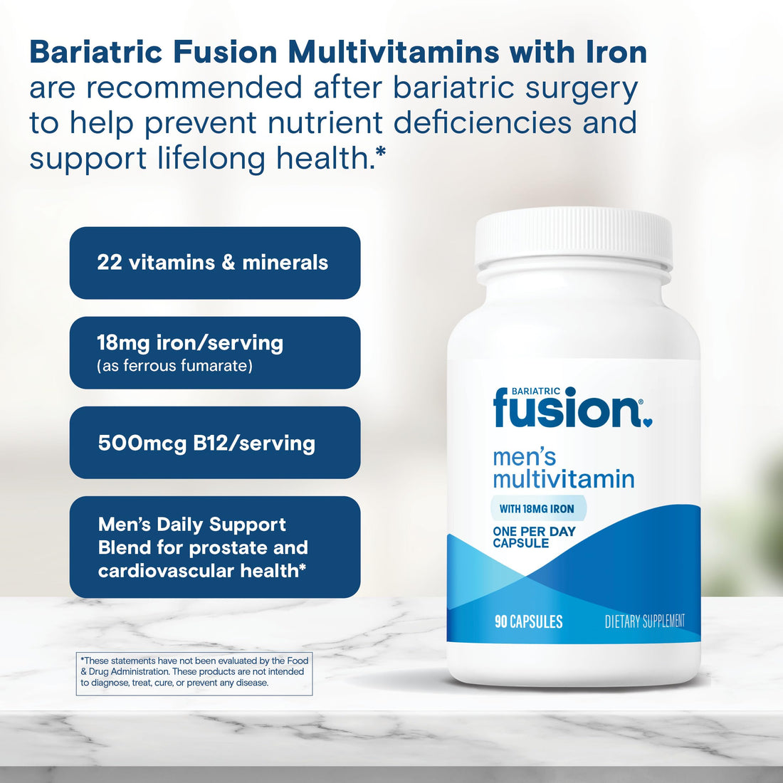 Bariatric Fusion One Per Day Bariatric Multivitamin with Iron for Men | with Prostate and Heart Support Vitamins* | Gastric Bypass and Sleeve Gastrectomy | 90 Capsules | 3 Month Supply