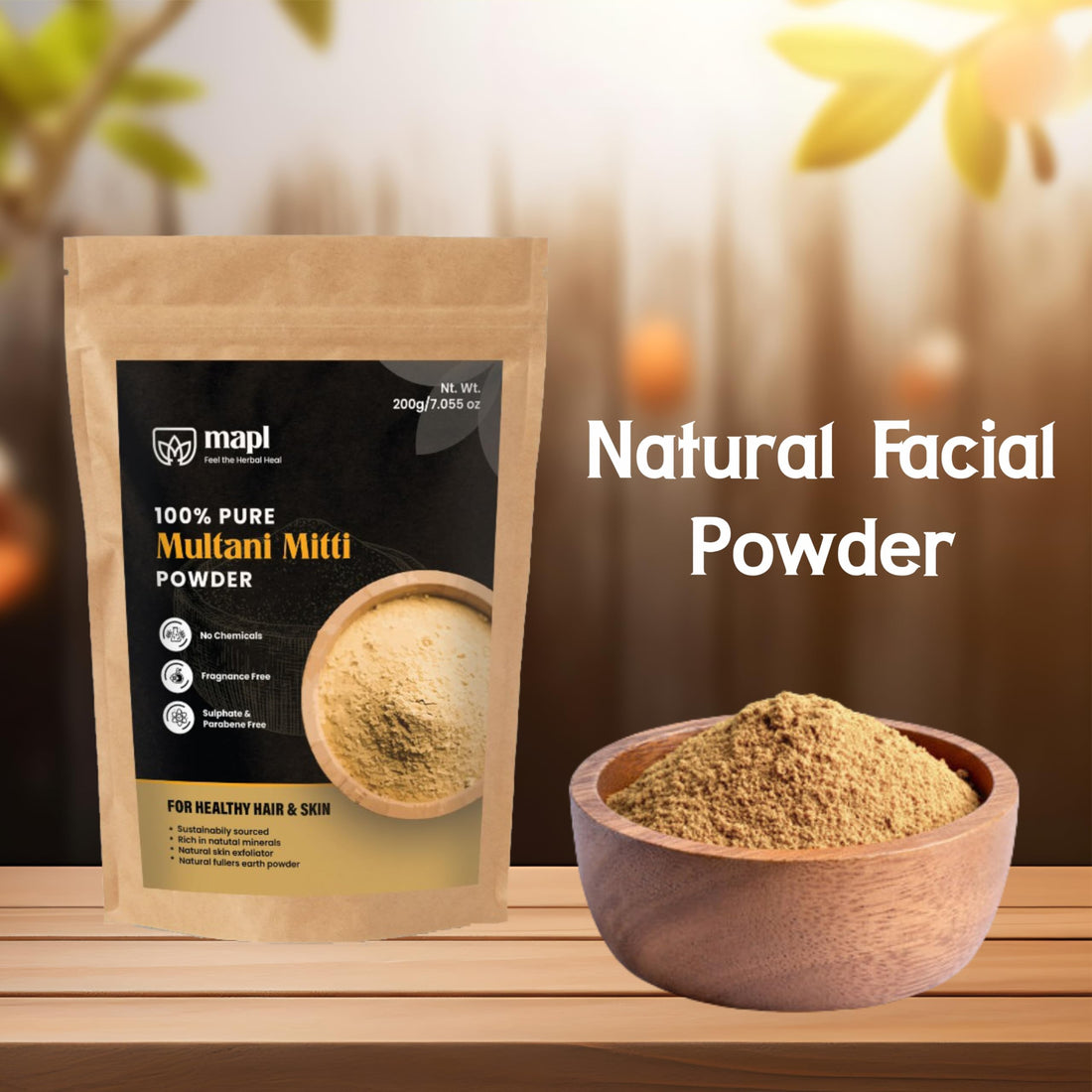 MAPL Multani Mitti Powder Fuller's Earth Clay | 100% Healing Clay for Skin Cleansing, Face Masks, Body Scrubs | Natural Calcium Bentonite Clay | Herbal Face Pack for All Skin Types | 7.05 oz (200g)