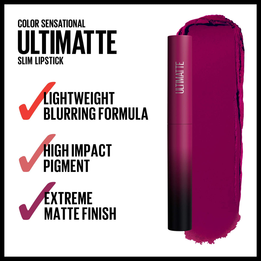 Maybelline Color Sensational Ultimatte Matte Lipstick, Non-Drying, Intense Color Pigment, More Berry, Warm Berry Purple, 1 Count
