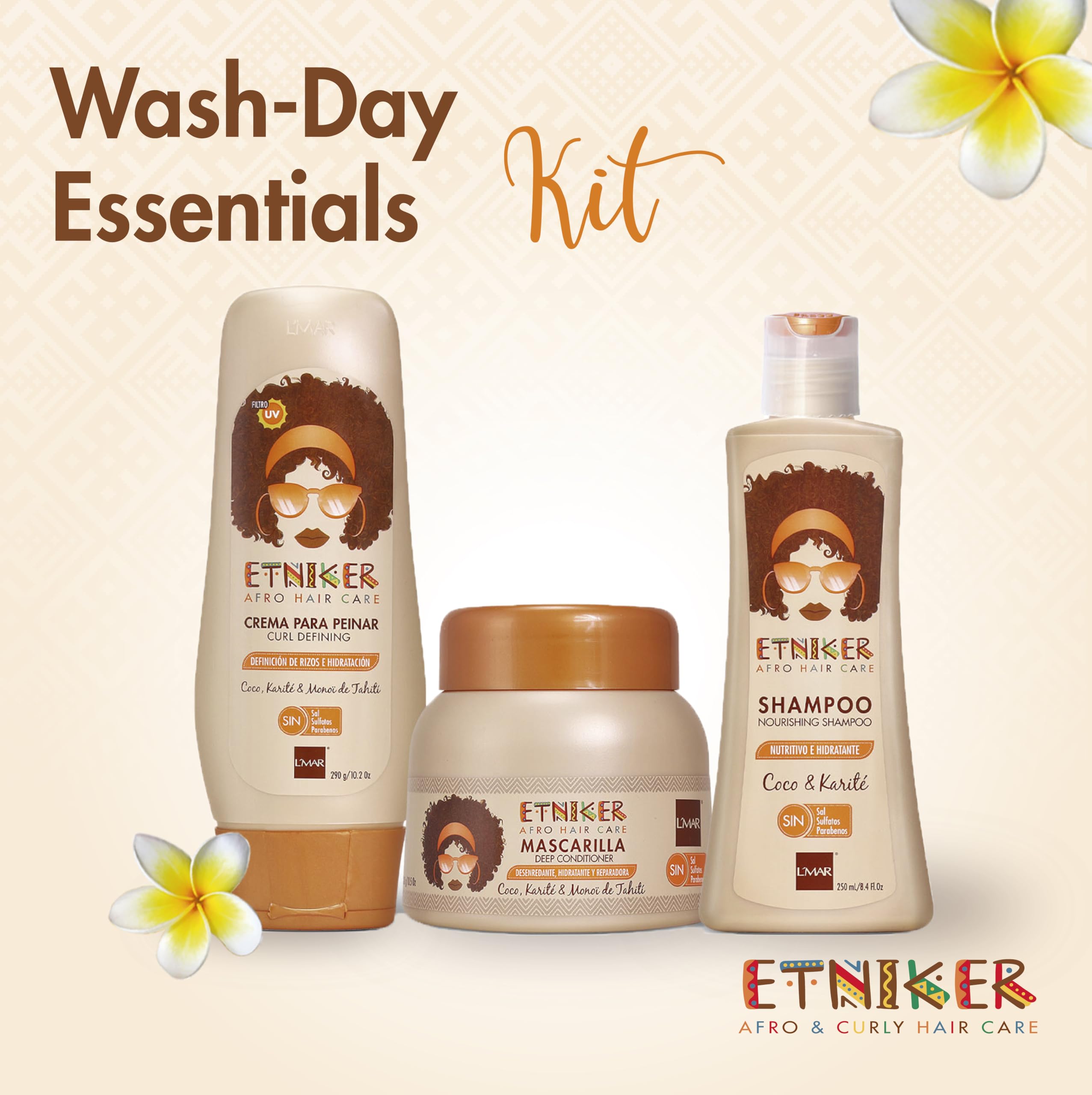 ETNIKER Afro-textured, Curly & Wavy hair Wash Kit: Styling Cream, Nourishing Shampoo, and Deep Conditioning Mask with Coconut, Shea Butter & Monoi Oil. Free S&S Mineral Oil, Parabens ( 3piece Set)