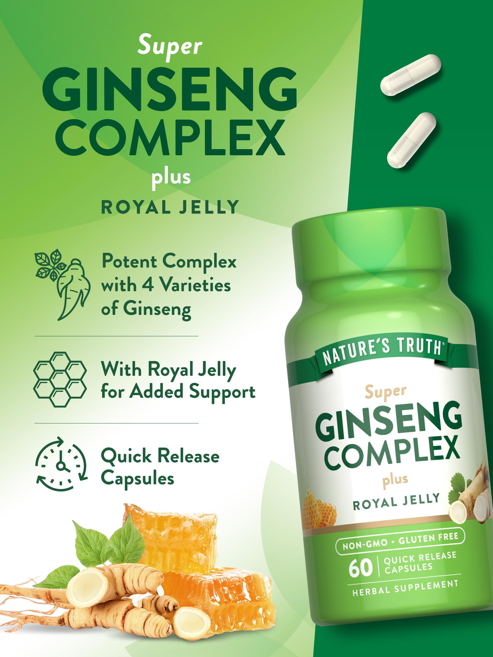 Super Ginseng Complex | 60 Capsules | With Royal Jelly | from Ginseng Extract | Non-GMO, Gluten Free Supplement | by Nature's Truth