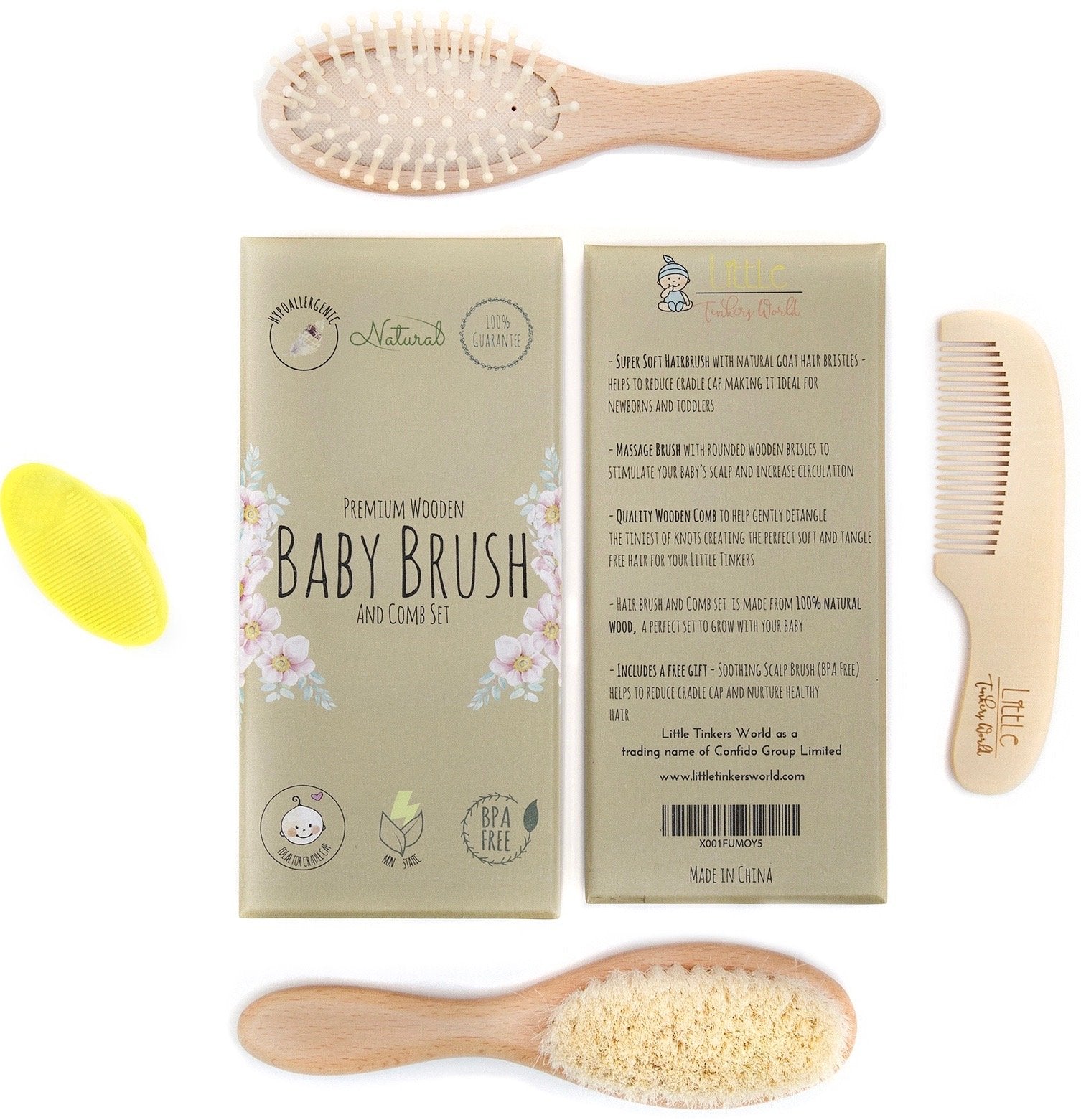 Wooden Hair Brush and Comb Set (4-Piece) for Newborns and Toddlers | Ideal for Cradle Cap | Massage and Scalp Bristles | Perfect Baby Registry Gift