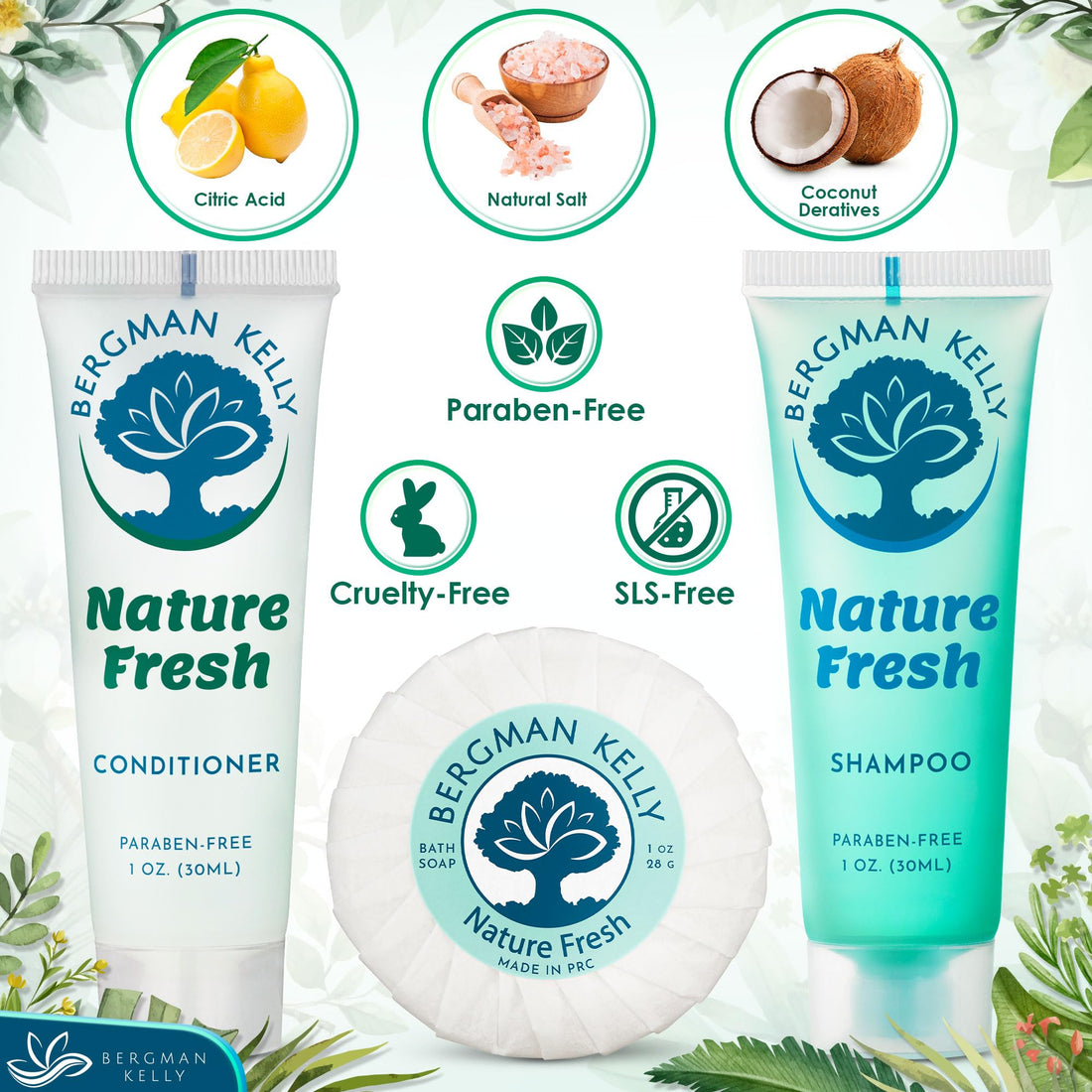 BERGMAN KELLY Round Hotel Soap Bars, Shampoo & Conditioner 3-Piece Set (1 oz each, 150 pc, Nature Fresh), Delight Your Guests with Refreshing & Soothing Mini Travel Toiletries & Bulk Amenities