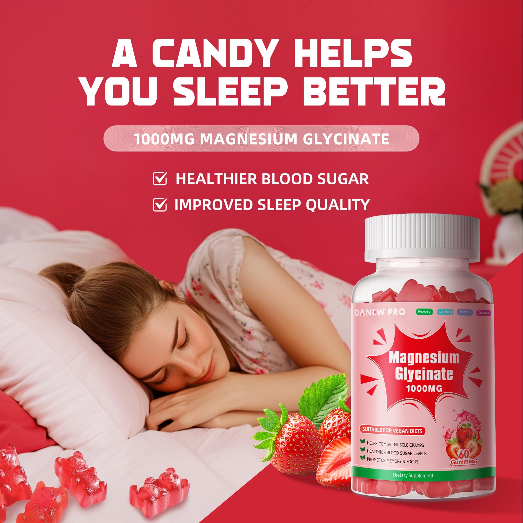 Magnesium Glycinate Gummies 1000mg - Sugar Free Magnesium Potassium Supplement with Vitamin D, B6, CoQ10 for Calm Mood & Sleep Support - 120 Strawberry Gummies