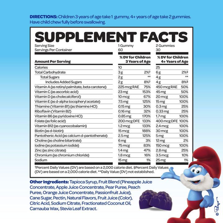 Smurfs Kids Multivitamin Gummies | Multivitamin Gummies for Kids with 15 Vitamins & Minerals | Made with Real Fruit | Doctor Developed | Non-GMO and No Artificial Flavors or Colors | 60 Gummies