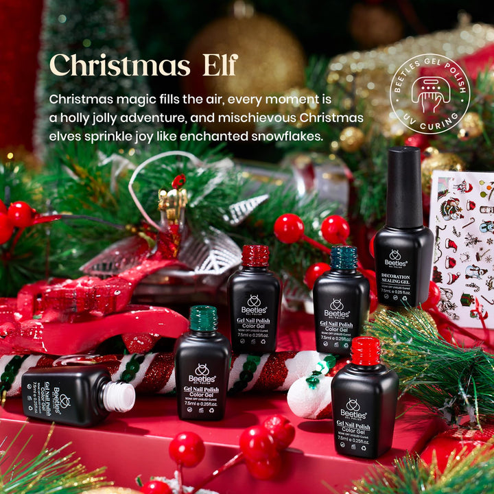 Gel Nail Polish Set - Christmas Holiday Series Glitter Burgandy Red Green Gel Polish Kit Soak Off UV LED Gel Nail Kit Manicure Gift with Nail Strengthener Gel and Christmas Stickers