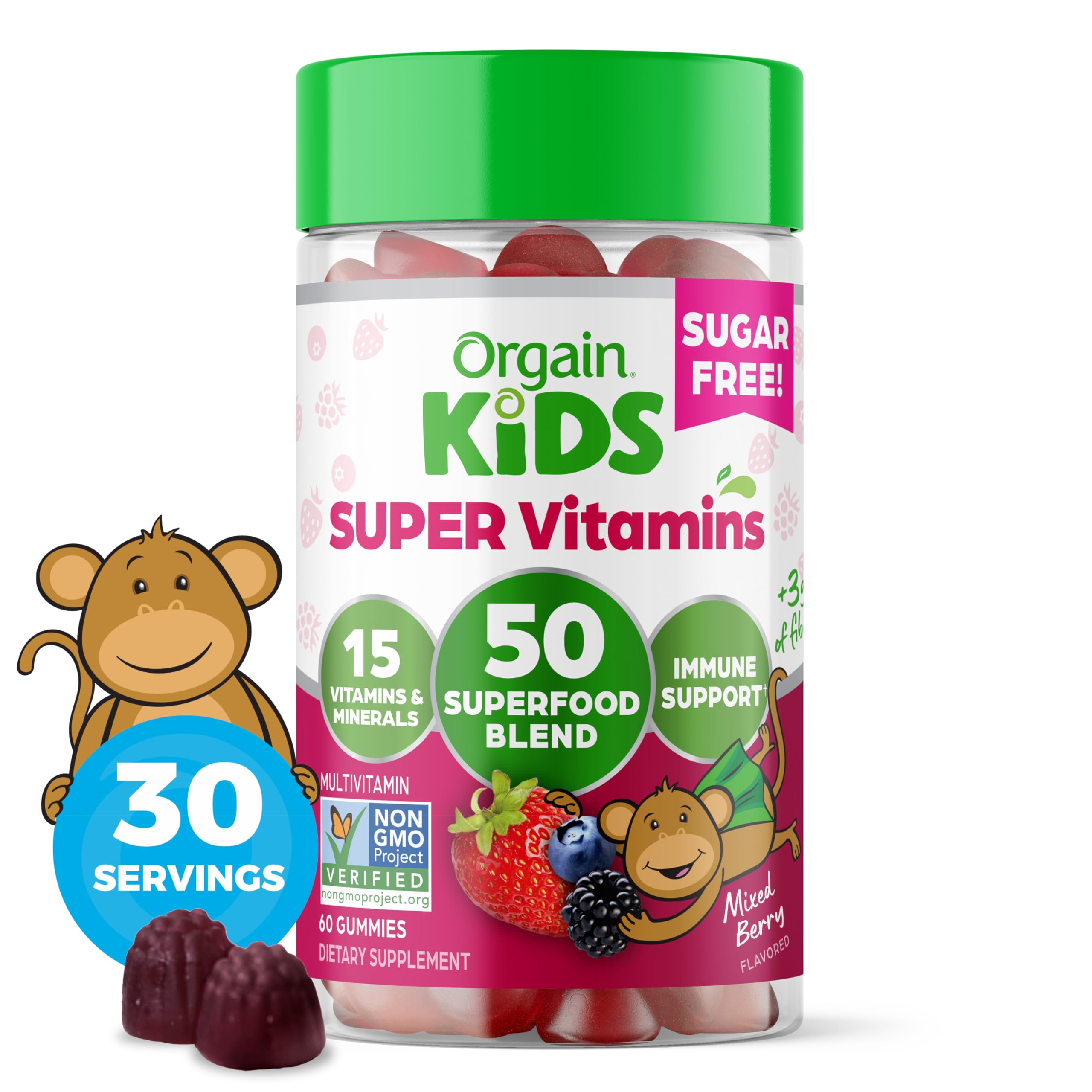 Orgain Kids Sugar Free Multivitamin Gummies, Vegan & Plant Based, 50 Superfoods, 15 Vitamins and Minerals, Immune Support and 3g of Fiber, Mixed Berry, Ages 4+, 1 Month Supply (60 Gummies)
