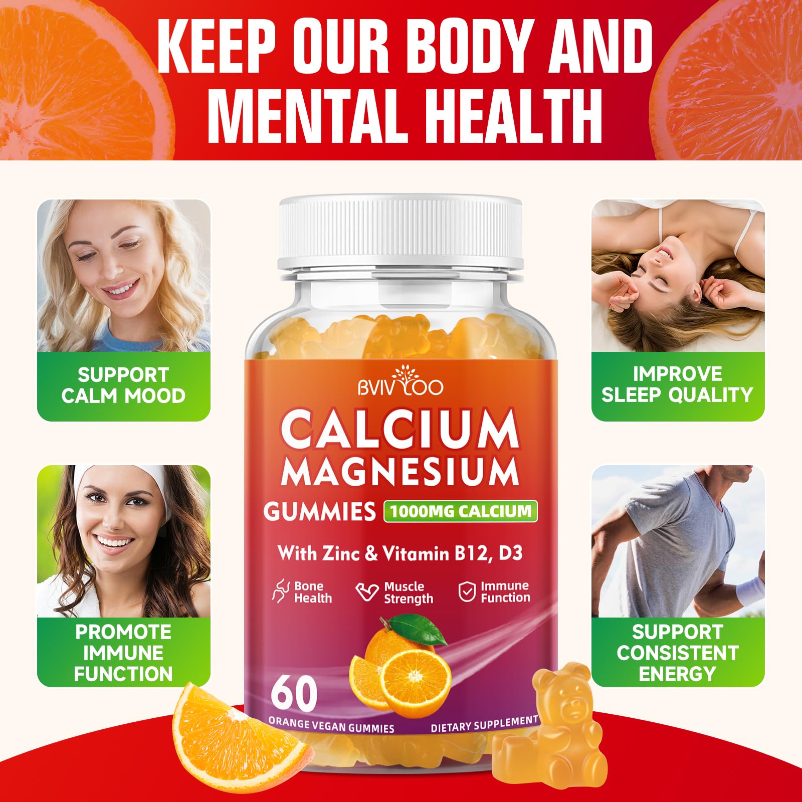 Calcium Gummies 1000mg with Vitamin D3 K2 & B Complex, Potassium, Calcium Magnesium Zinc Gummies for Bone, Muscle, Mood and Immunity - Orange Flavor 60 Gummies