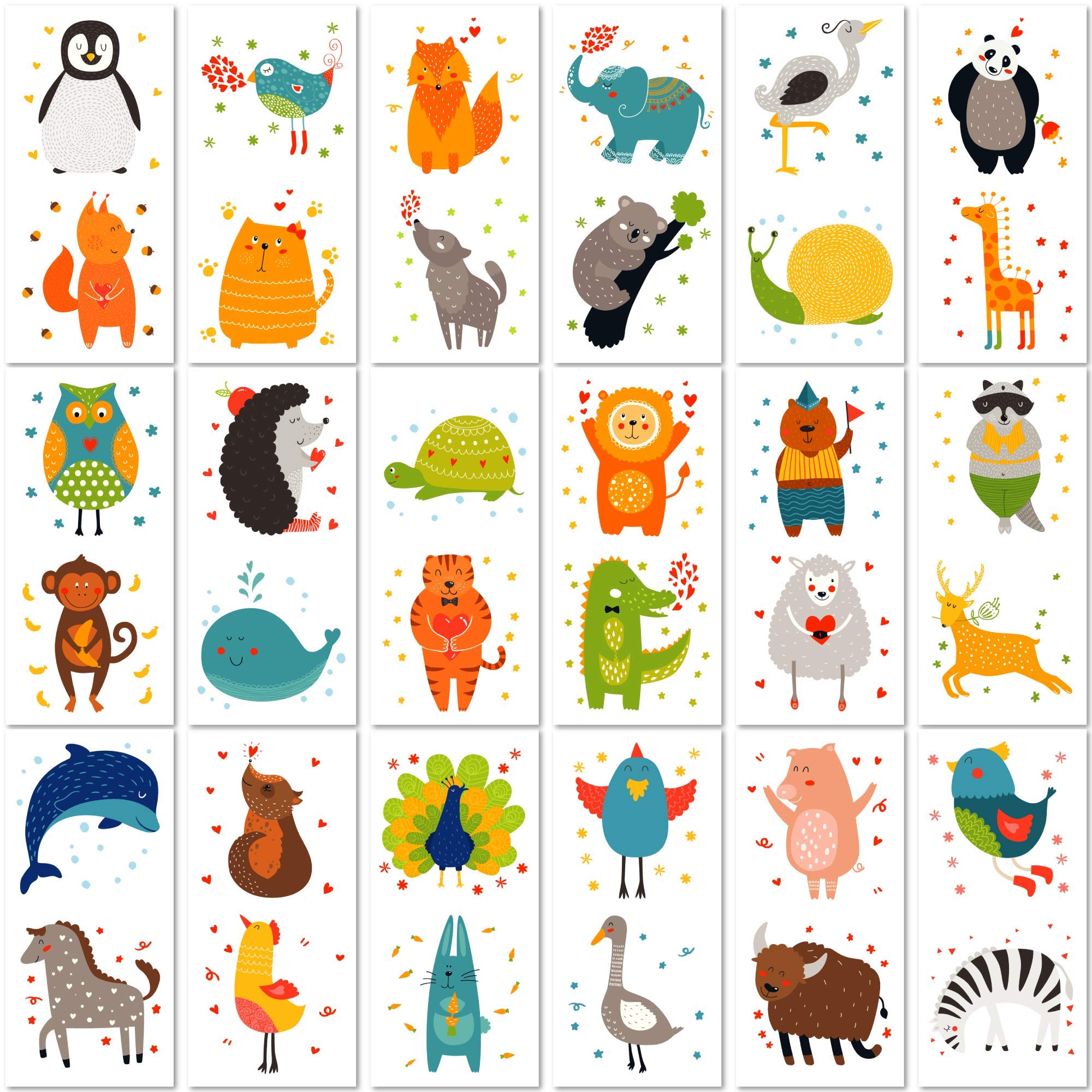 PapaKit Cute Zoo Animals 36 Temporary Fake Tattoo Set, 18 Individually Wrapped Sheets | Kids Girls & Boys Birthday Party Favor Gift Supply, Non-Toxic Food Grade Ingredients Safe Removable