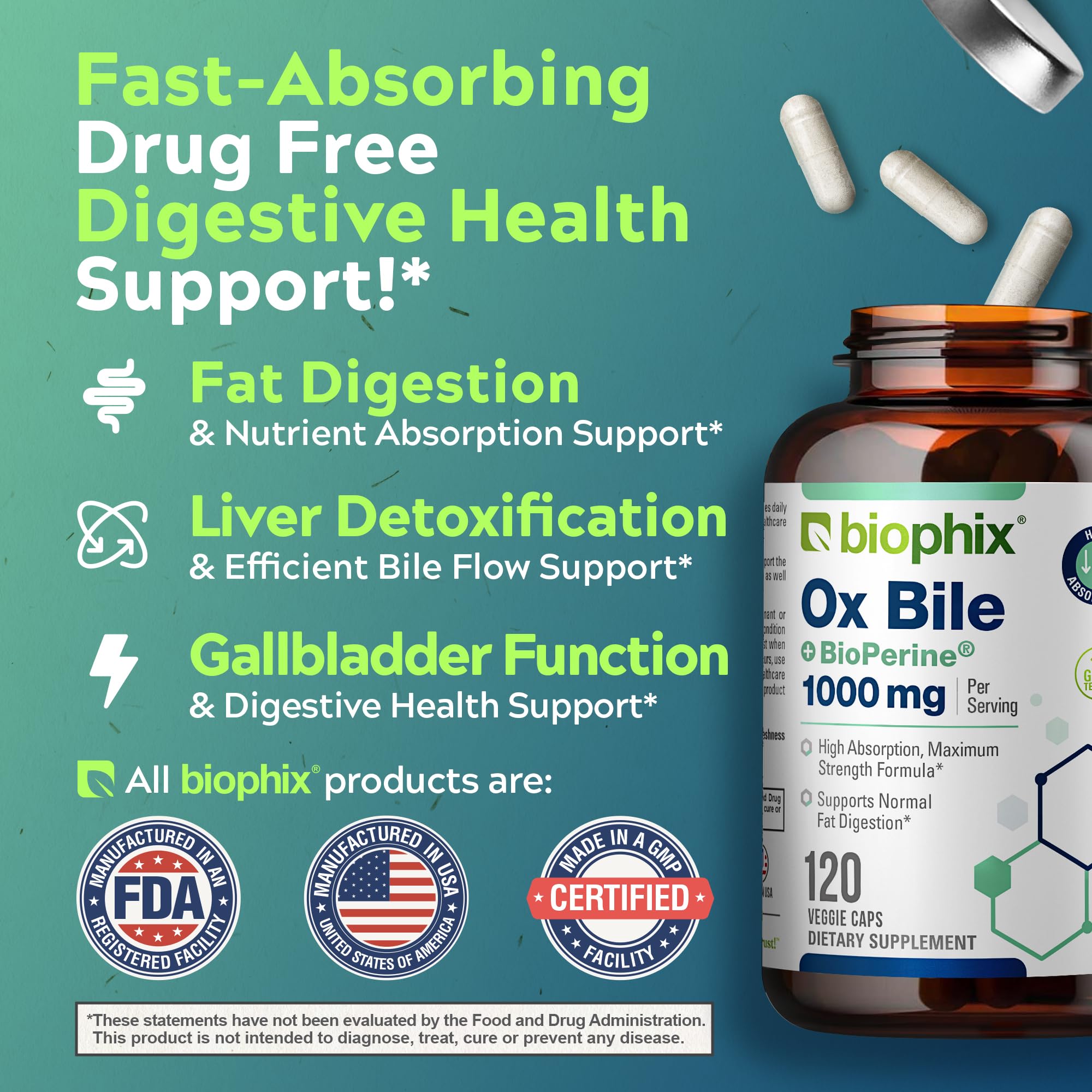 biophix Ox Bile 1000 mg with BioPerine 120 Veggie Capsules - High Absorption Digestive Enzymes Supplement - Liver Metabolic GI Fat Metabolism Support