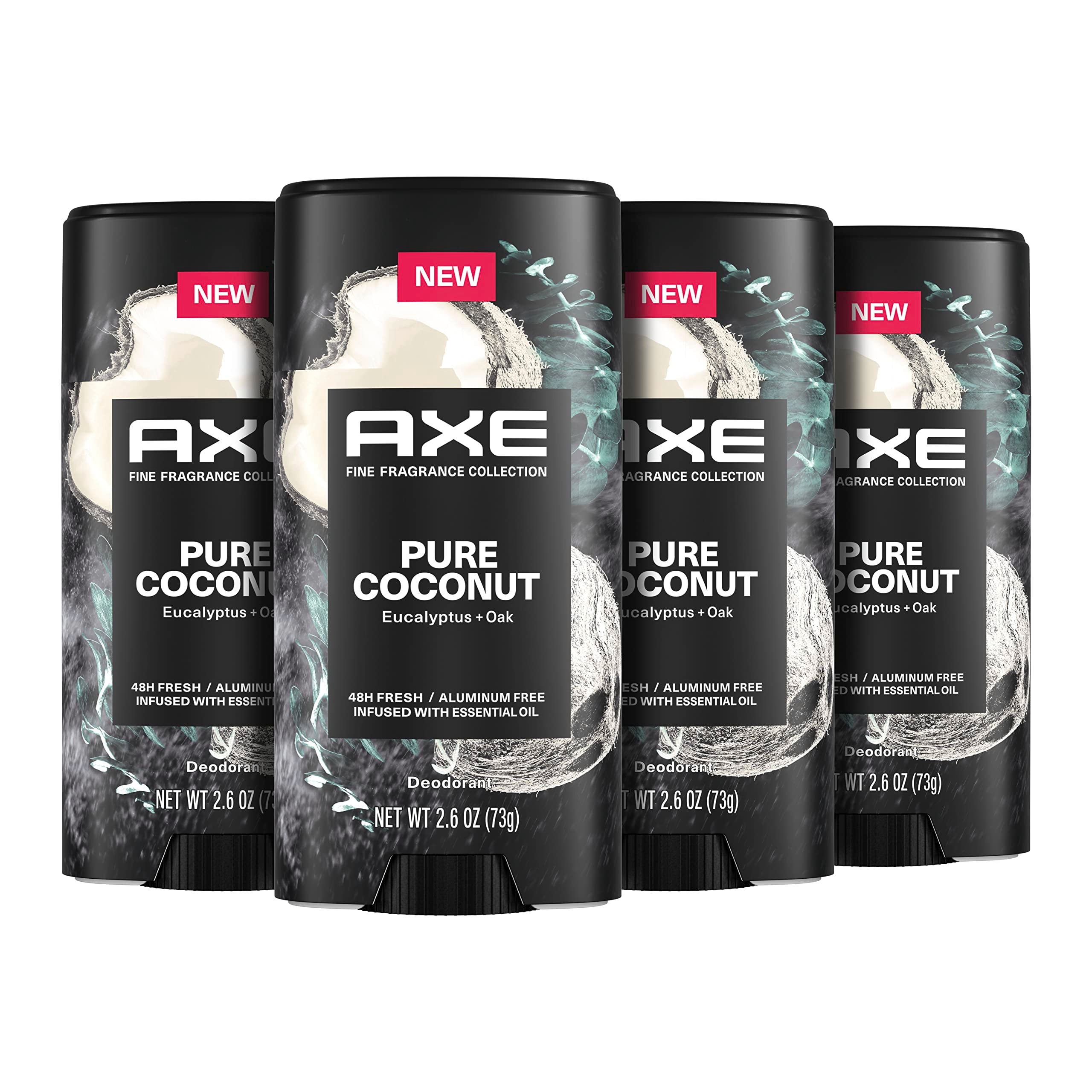 AXE Fine Fragrance Collection Deodorant Stick Pure Coconut 4 count with 48H Freshness and Odor Protection Deo Stick Infused with Coconut, Eucalyptus, and Oak Essential Oils 2.6 oz