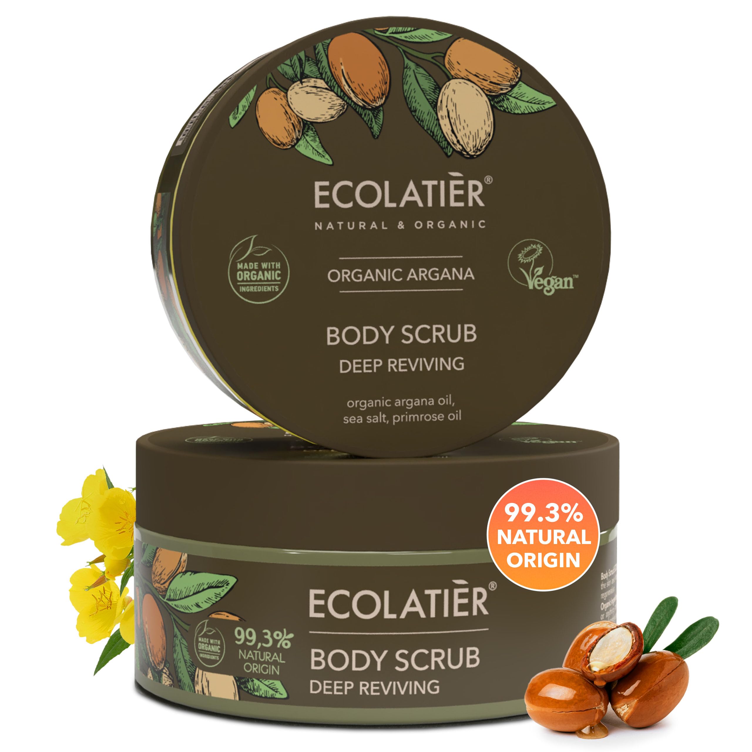 Body Scrub with Organic Argan Oil – Deep Reviving Salt Exfoliating Body Scrub for Women & Men, 99.3% Natural, Vegan, Gentle Hydrating Scrub for Smooth Skin, 8.5 Fl Oz - ECOLATIER