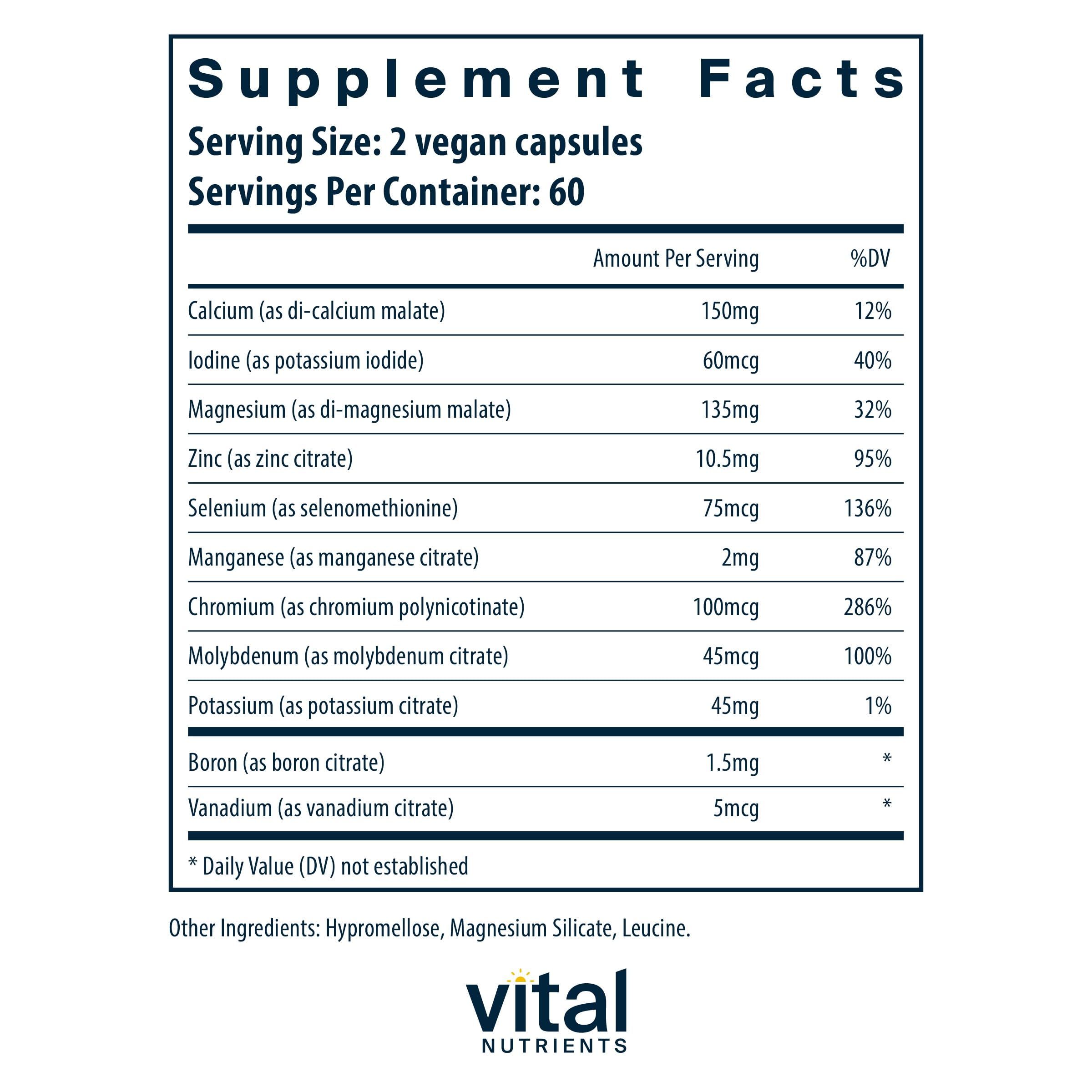 Vital Nutrients Multi-Minerals | Citrate/Malate Formula (No Copper or Iron) | Vegan Daily Multimineral | Gluten, Dairy, Soy Free | Non-GMO | 120 Capsules