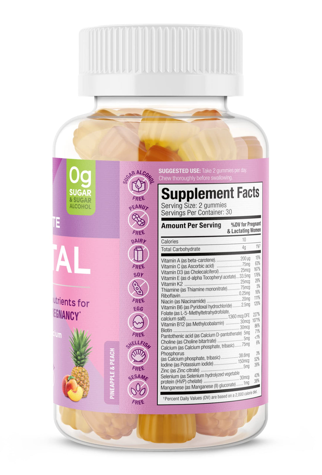 SUKU Vitamins - Complete Prenatal - Enriched with Calcium, Vitamin K2, Vitamin B12 and More Gummies - Easy to Chew - Non GMO, Gluten Sugar Free - Pineapple Peach Flavored Gummy Vitamins, 60 Count