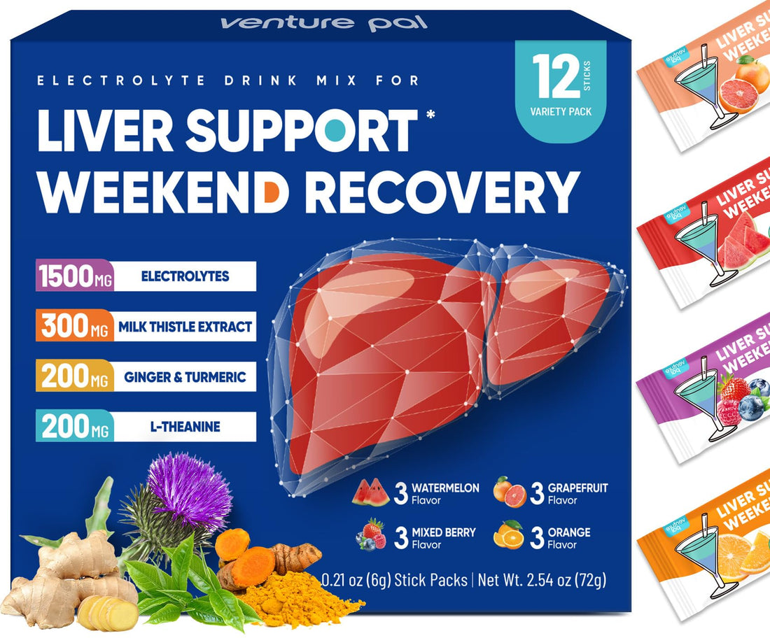 Venture Pal Liver Support Sugar Free Electrolyte Powder Packets, Milk Thistle + Ginger & Turmeric + L-Theanine + 5 Vitamins & 7 Electrolytes, Rapid Rehydration&Weekend Recovery Gluten Free, 12 Sticks