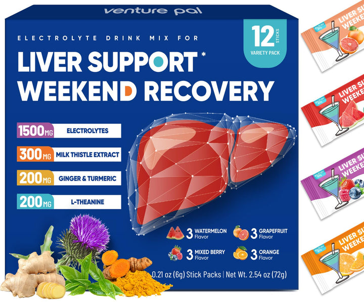 Venture Pal Liver Support Sugar Free Electrolyte Powder Packets, Milk Thistle + Ginger & Turmeric + L-Theanine + 5 Vitamins & 7 Electrolytes, Rapid Rehydration&Weekend Recovery Gluten Free, 12 Sticks