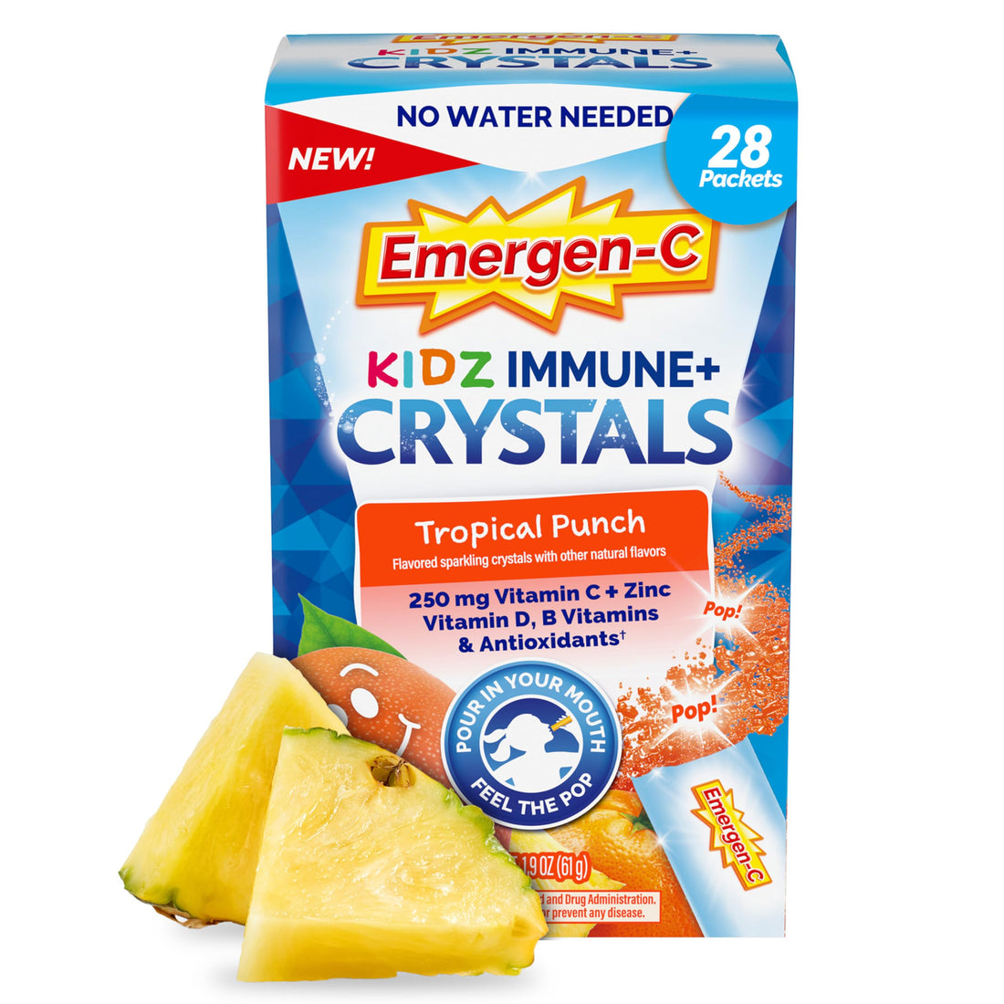 Emergen-C Kidz Immune Plus Crystals, Stocking Stuffer, On-The-Go Immune Support Supplement with Vitamin C, Vitamin D, B Vitamins, Zinc and Manganese, Tropical Punch - 28 Stick Packs