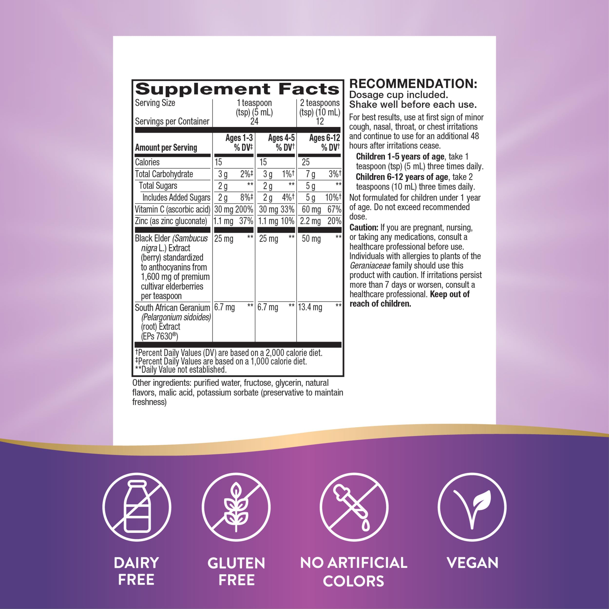 Nature’s Way Sambucus Kids Cough Relief +(1) Immune Syrup*, Feel Better Faster(1), Clinically Proven South African Geranium, with Elderberry Extract, Vitamin C & Zinc, Gluten Free, Vegan, 4 Fl Oz