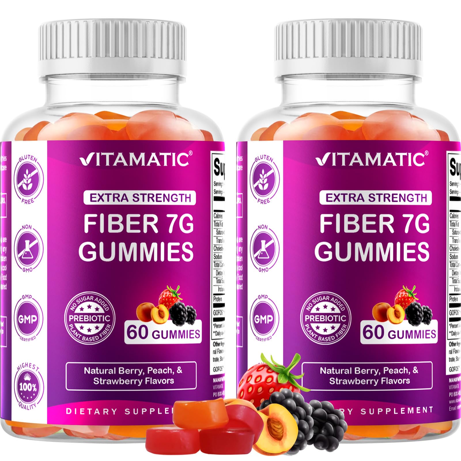 Vitamatic 2 Pack Prebiotic Fiber Gummies for Adults - 7G Fiber Extra Strength - Zero Sugar Added - 60 Pectin Based Gummies - Digestive Health & Regularity Support, (Total 120 Count)