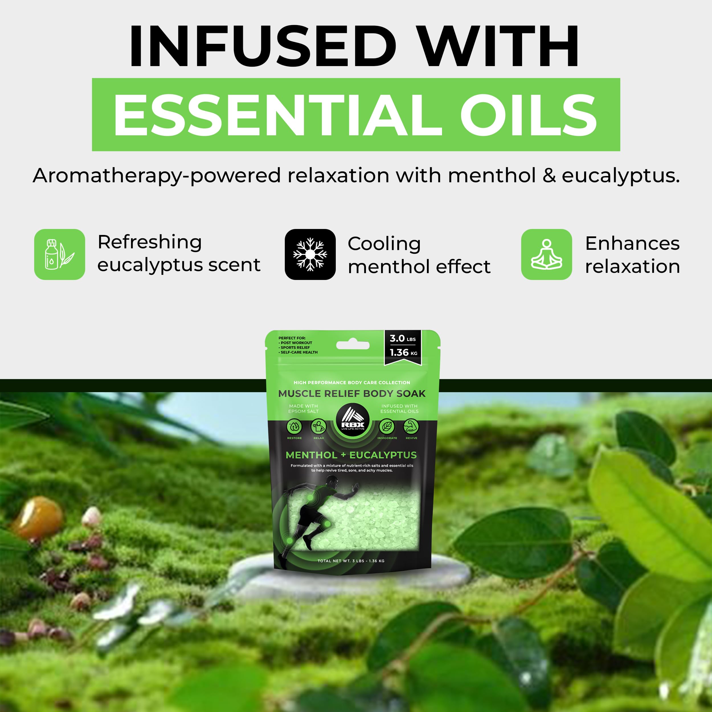 RBX Muscle Relief Epsom Salt – 5 lb Resealable Bath Soak with Menthol & Eucalyptus Essential Oils – Soothing Foot Soak & Body Soak for Muscle Relief & Relaxation – Bath Salts for Post-Workout Recovery