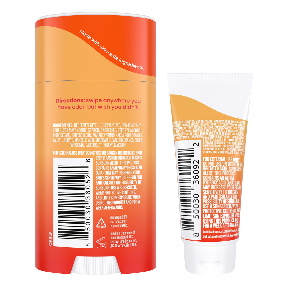Lume Whole Body Deodorant - Invisible Cream Tube Mini + Solid Stick Bundle - 72 Hour Odor Control - Aluminum & Baking Soda Free, Skin Loving (Clean Tangerine)