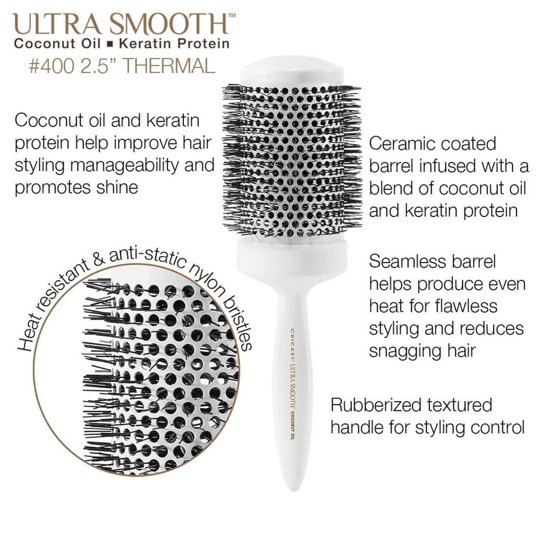 Cricket Ultra Smooth Coconut 2.5” Thermal Ceramic Barrel Hair Brush Anti-Static Heat-Resistant Hairbrush for Blow Drying, Curling and Styling All Hair Types