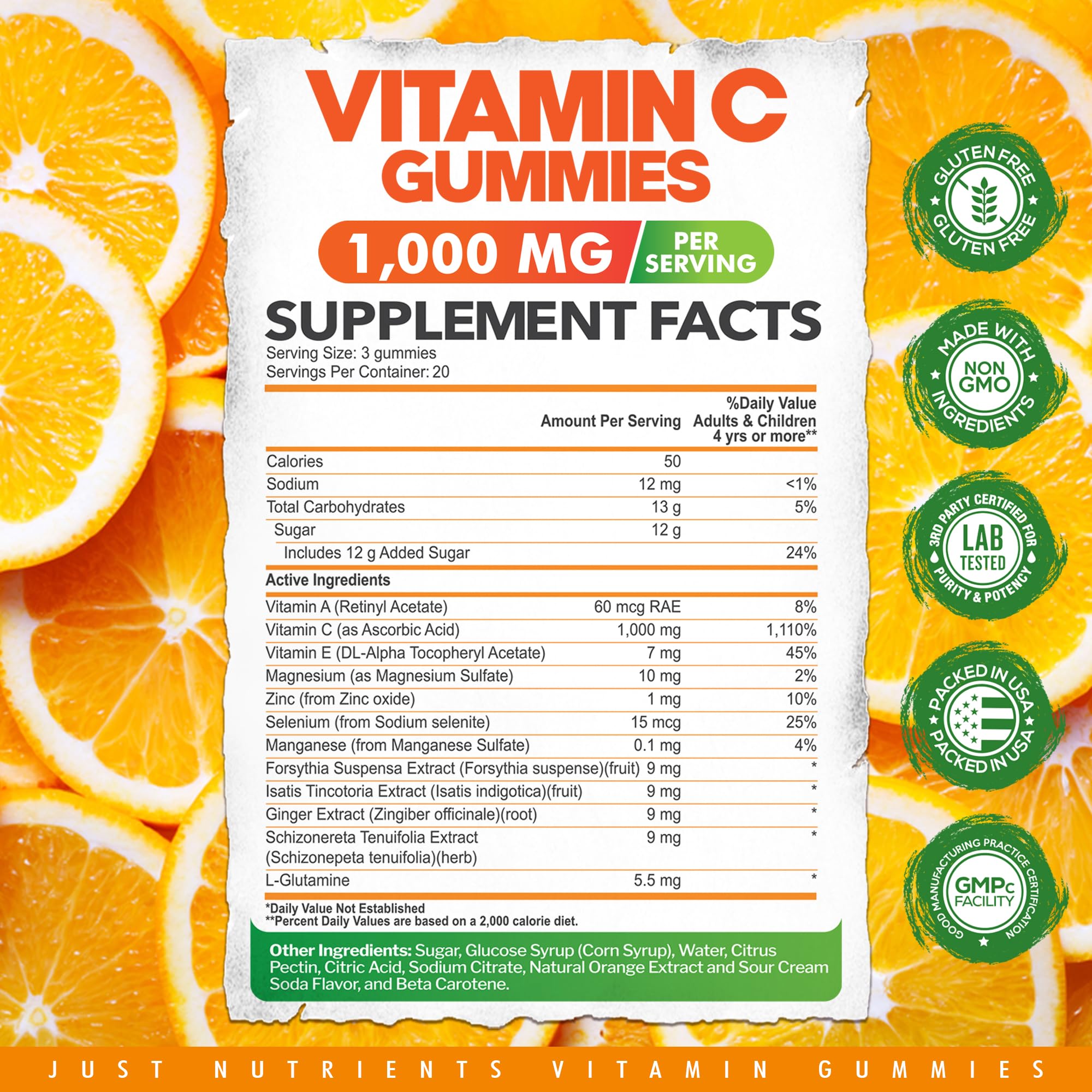Vitamin C Gummies 1000mg for Adults & Kids – Chewable Multivitamin with Zinc for Immune System & Collagen Support for Skin – Orange Flavor – Gluten Free, Non-GMO, Vegetarian – 60 Gummies