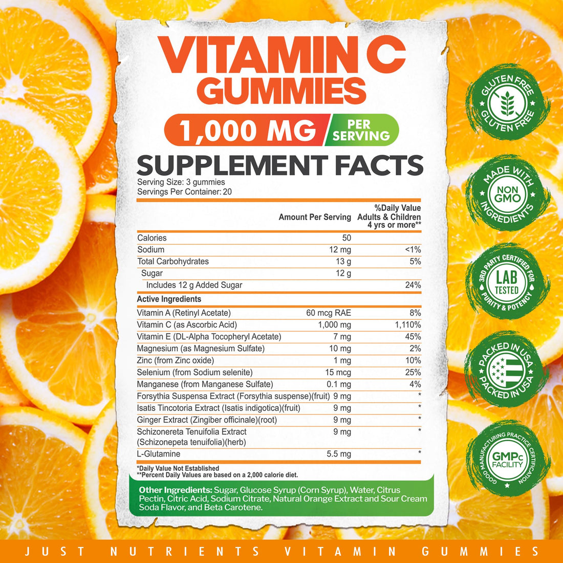 Vitamin C Gummies 1000mg for Adults & Kids – Chewable Multivitamin with Zinc for Immune System & Collagen Support for Skin – Orange Flavor – Gluten Free, Non-GMO, Vegetarian – 60 Gummies
