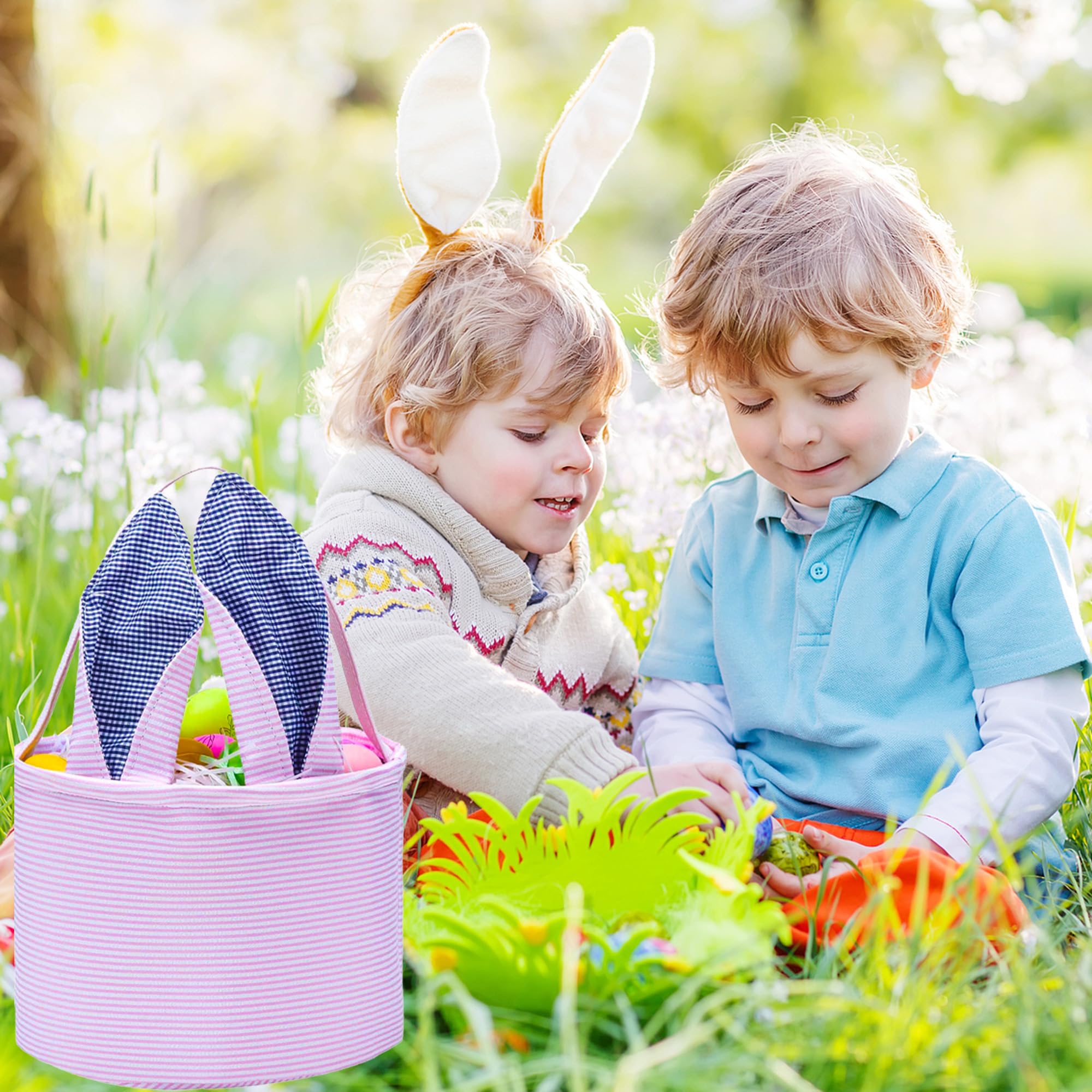 Easter Bunny Basket Seersucker Egg Bags for Kids,Personalized Candy Egg Basket Rabbit Print Buckets with Fluffy Tail Gifts Bags for Easter(Seersucker Pink)……