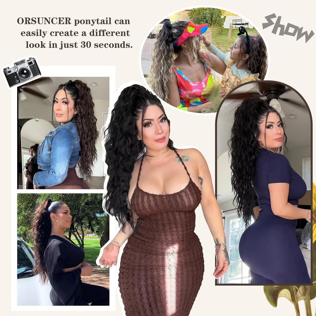 ORSUNCER Claw Long Wavy Ponytail Extension Black Brown 30 Curly Pony Tail Clip in Hair Extensions for Women fluffy Natural Looking Synthetic Hairpiece for Daily Use