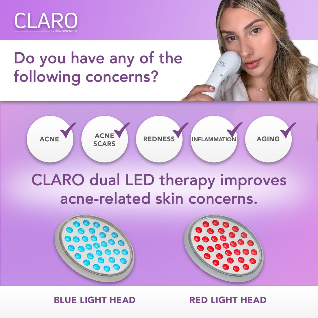 Spa Sciences CLARO Clinically Proven Blue & Red LED Acne Treatment Light Therapy System-FDA Cleared-Rechargeable- Professional Home Acne Healing/Clearing Treatment