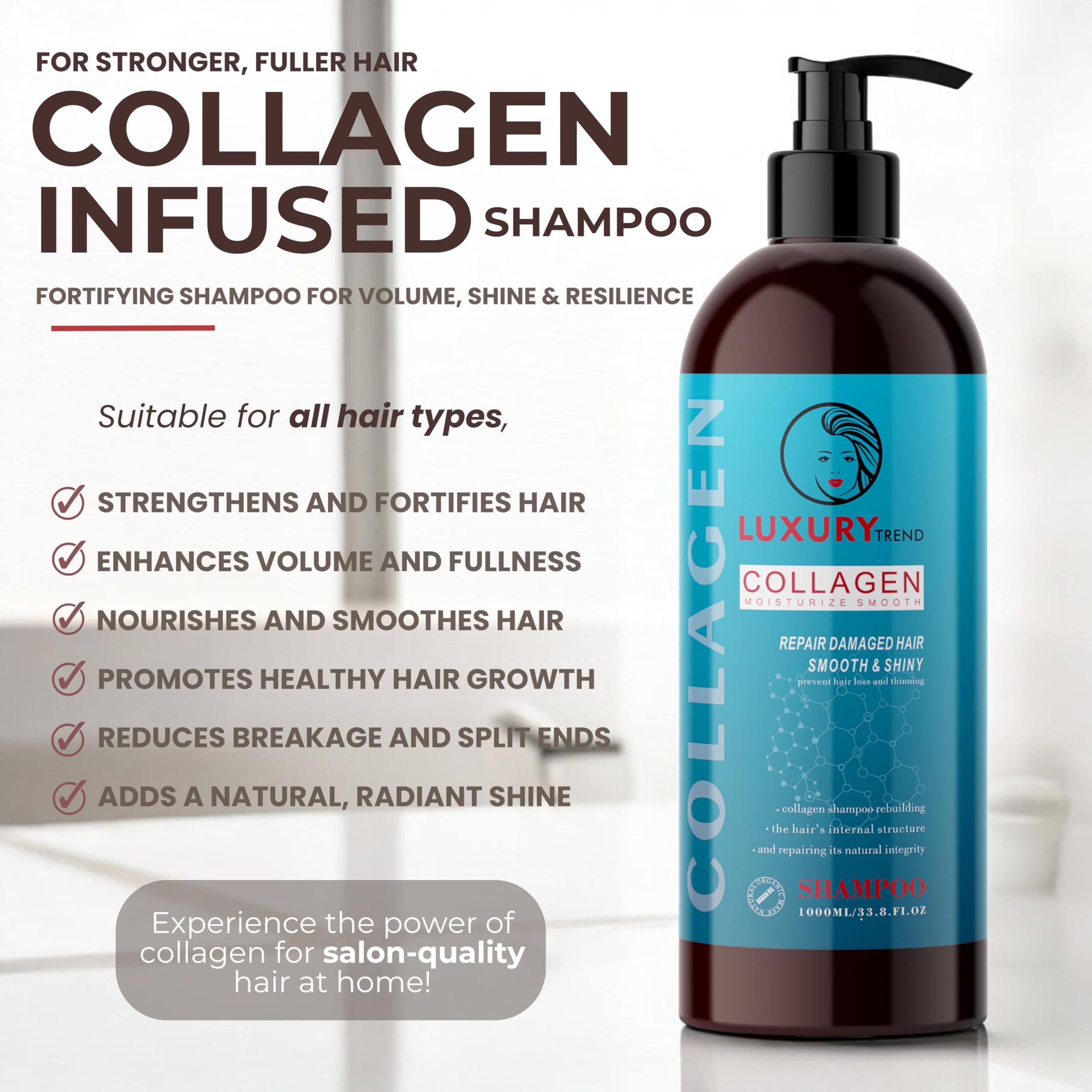 LUXURY TREND Women's Collagen Shampoo, for Hair Thickening & Growth, 33.8 oz