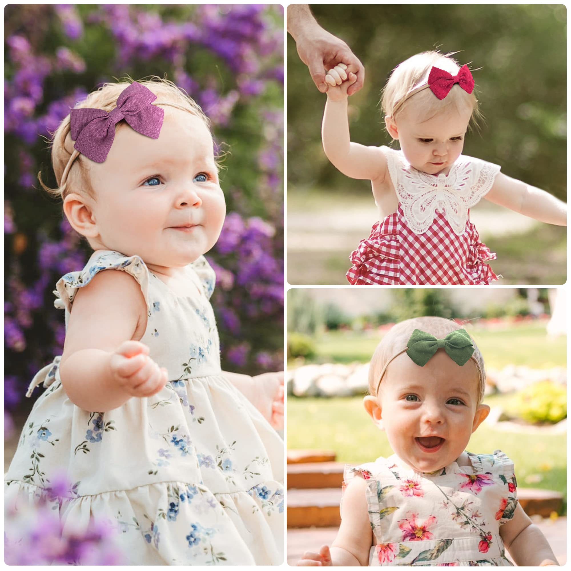 30 Pcs Baby Headbands Infant Girls Hair Bows Nylon Hairbands with Linen Bows Handmade Head Accessories for Newborn Toddlers Kids