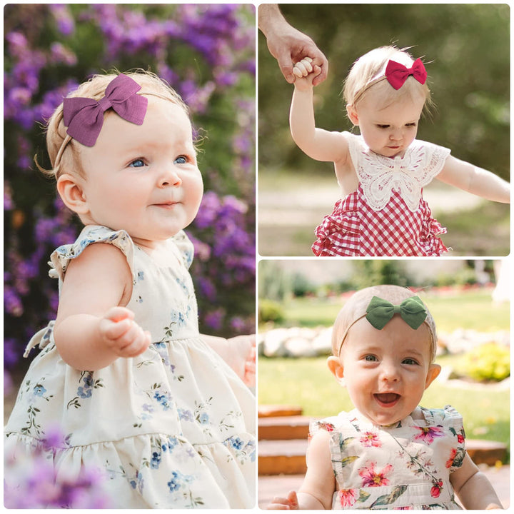 30 Pcs Baby Headbands Infant Girls Hair Bows Nylon Hairbands with Linen Bows Handmade Head Accessories for Newborn Toddlers Kids