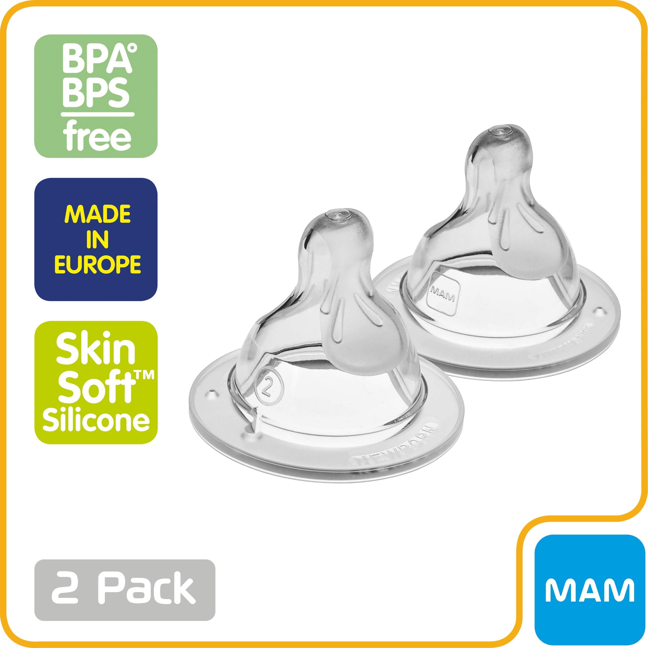 MAM Bottle Nipples Medium Flow Nipple Level 2, for 2+ Months, SkinSoft Silicone Nipples for Baby Bottles, Fits All MAM Bottles, 2 Pack
