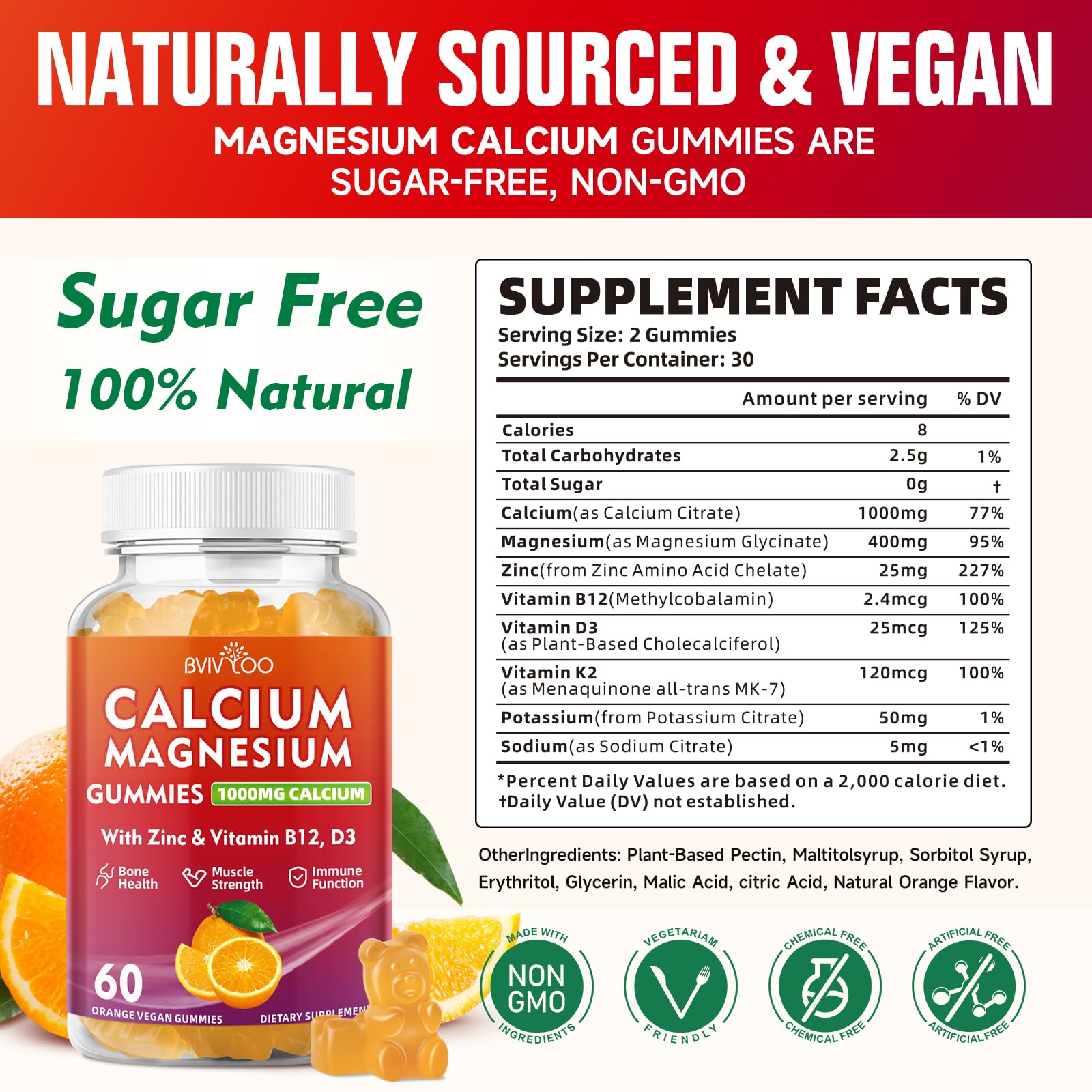 Calcium Gummies 1000mg with Vitamin D3 K2 & B Complex, Potassium, Calcium Magnesium Zinc Gummies for Bone, Muscle, Mood and Immunity - Orange Flavor 60 Gummies