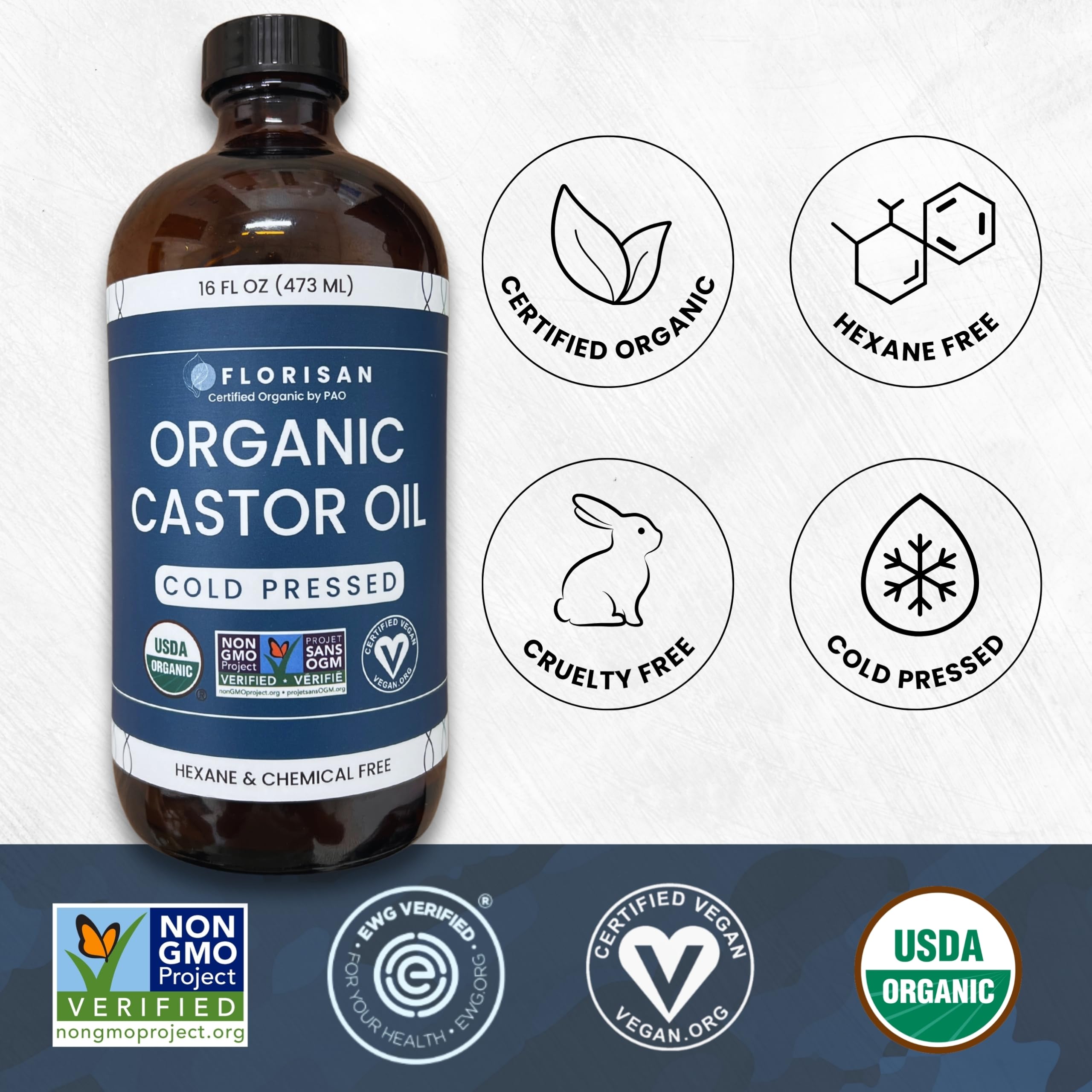 Florisan Organic Castor Oil, EWG Verified & USDA Organic Certified, 16oz, Cold-Pressed, Hexane-Free, Non-GMO, For Hair, Skin, Lashes, Brows, 100% Pure Castor Oil