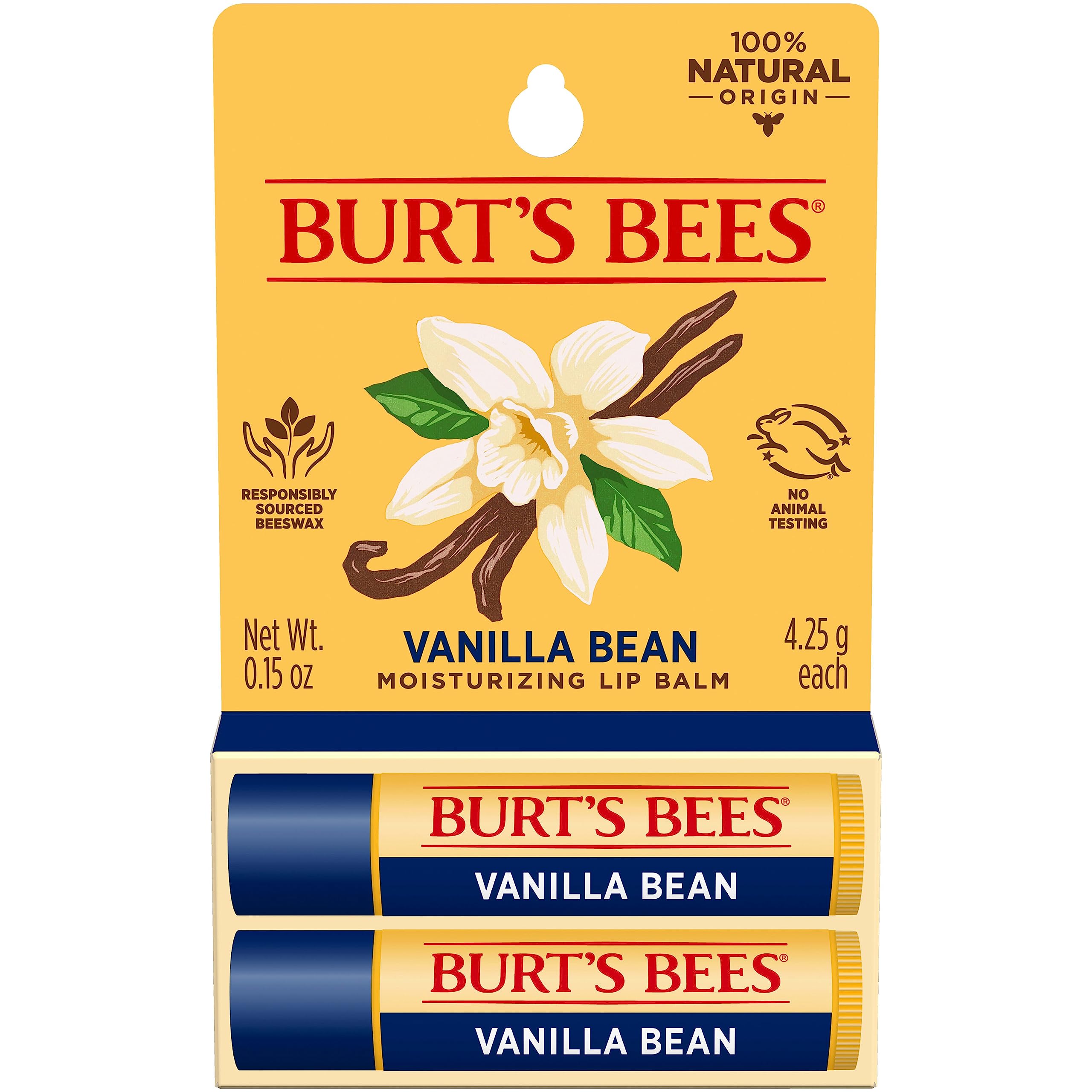 Burt's Bees Lip Balm - Vanilla Bean, Lip Moisturizer With Responsibly Sourced Beeswax, Tint-Free, Natural Origin Conditioning Treatment, 2 Tubes, 0.15 oz.