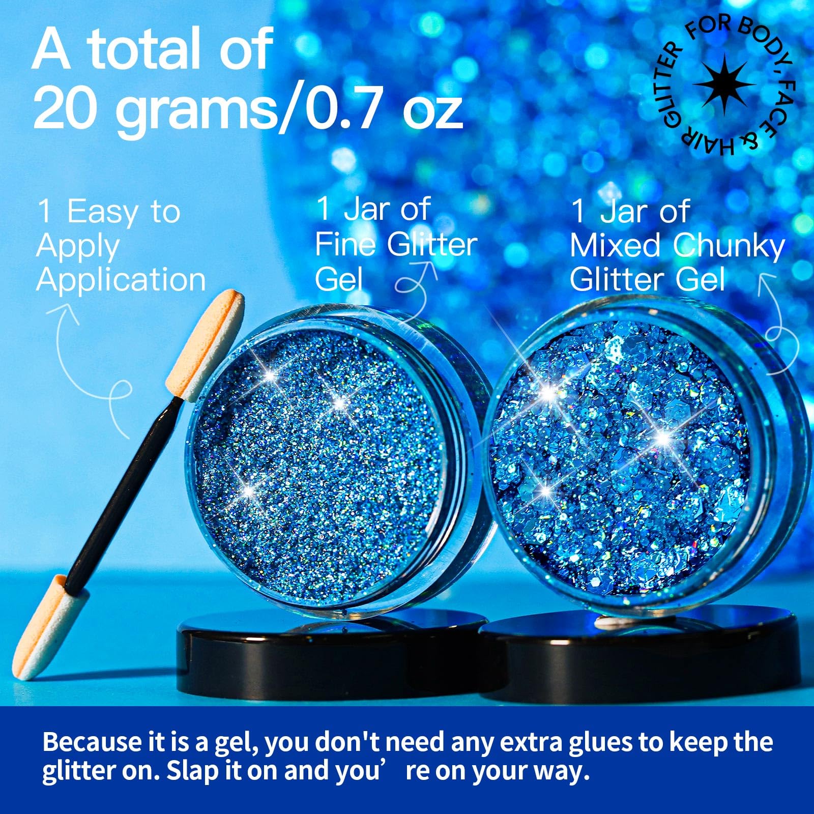 Teenitor Face Glitter, 2pcs Blue Body Glitter Gel, 20g/0.7oz Makeup Glitter for Face, Body, Eye, Hair Glitter Gel, Blue Glitter in 2 Sizes