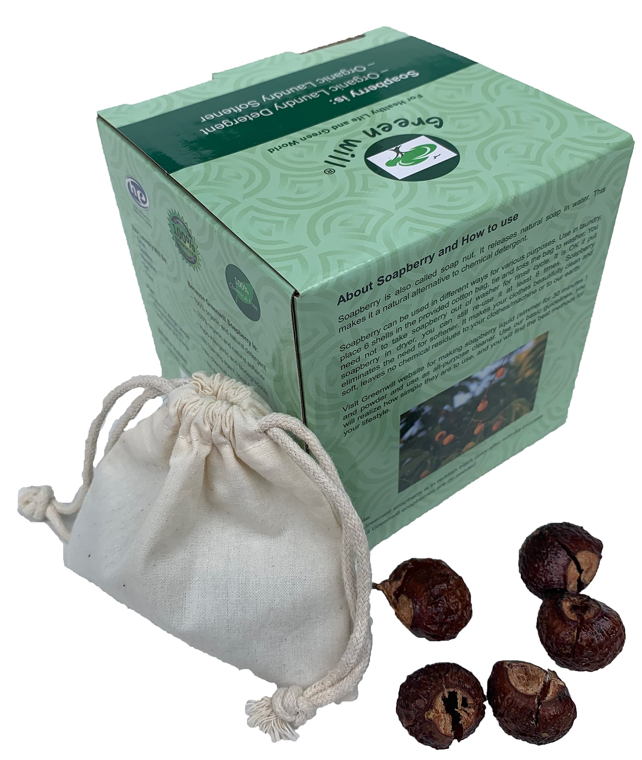 3.5 Pounds Greenwill Soapberries / Soap Nuts - Deseeded - With 2 Wash Bags